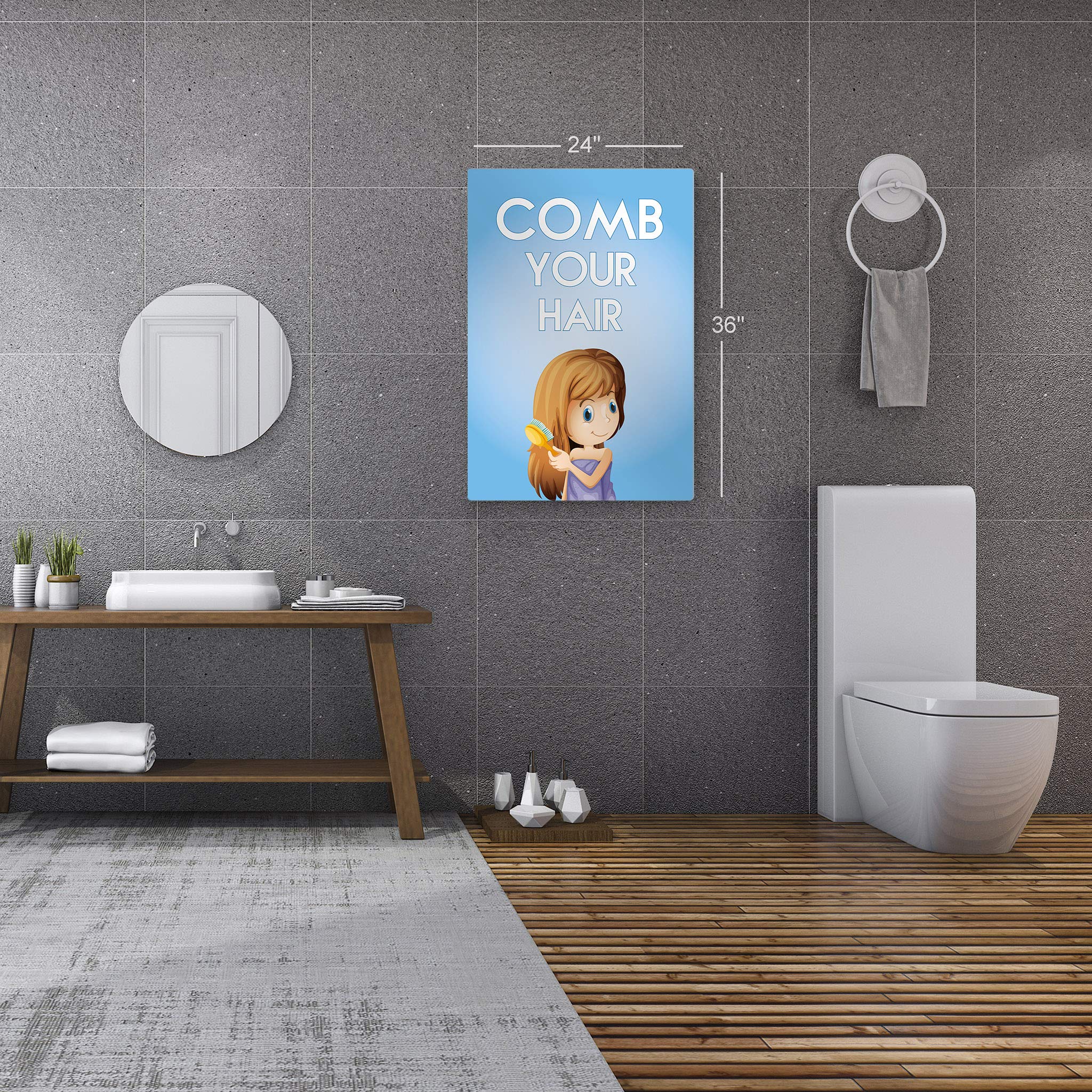 Smile Art Design 'Comb Your Hair' Quote Metal Print - Bathroom Wall Decor for Kids, Nursery & Home - Ready to Hang 30x20 Inches - Made in USA | Perfect for Bathrooms, Bedrooms & Playrooms