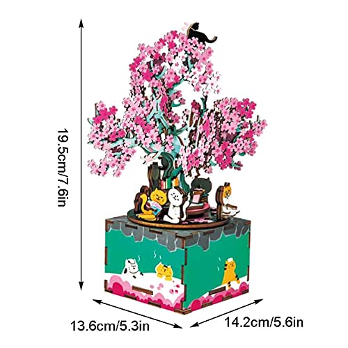 3D Wooden Music Box DIY Puzzle Kit - Rotating Cherry Blossom Tree Model Building Craft for Teens & Adults 14+ | Unique Gift for Birthday, Home Decor, Relaxation & Stress Relief