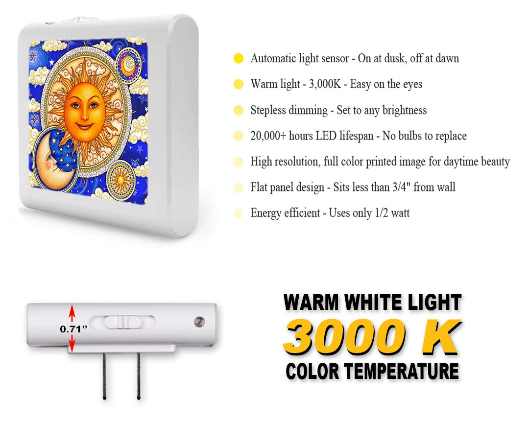 Dimmable LED Night Light with Auto On/Off Sensor, Adjustable Brightness & Warm White Light for Bathroom, Hallway, Nursery & Bedrooms - Sun & Clouds Design - Perfect for Safe Nighttime Navigation & Kids' Rooms