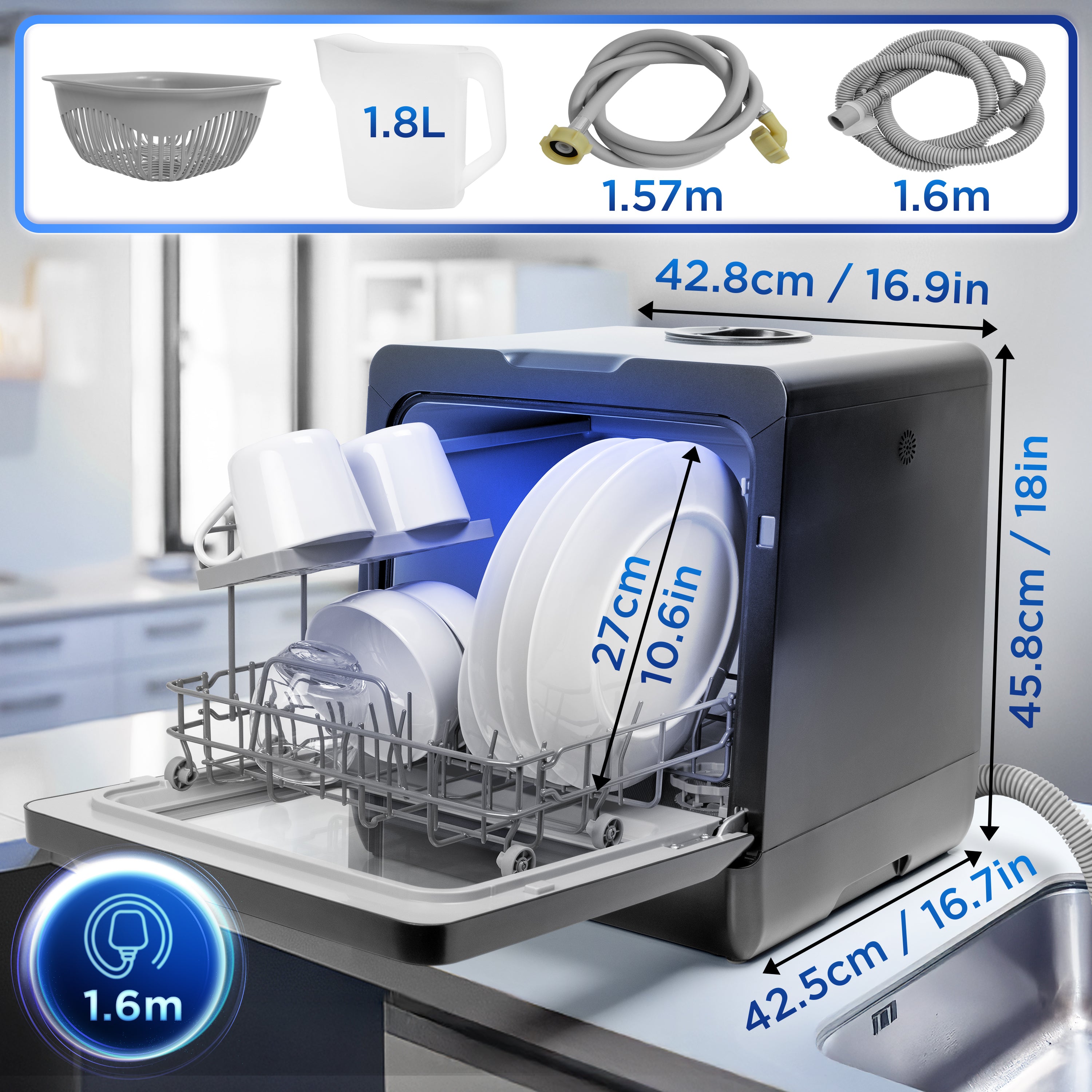 Duronic DW5 BK Compact Tabletop Dishwasher - 5L Capacity, 8 Wash Cycles, 950W Power for Quick & Eco Cleaning | Perfect for Small Kitchens, Apartments, RVs & Dorms (Black)