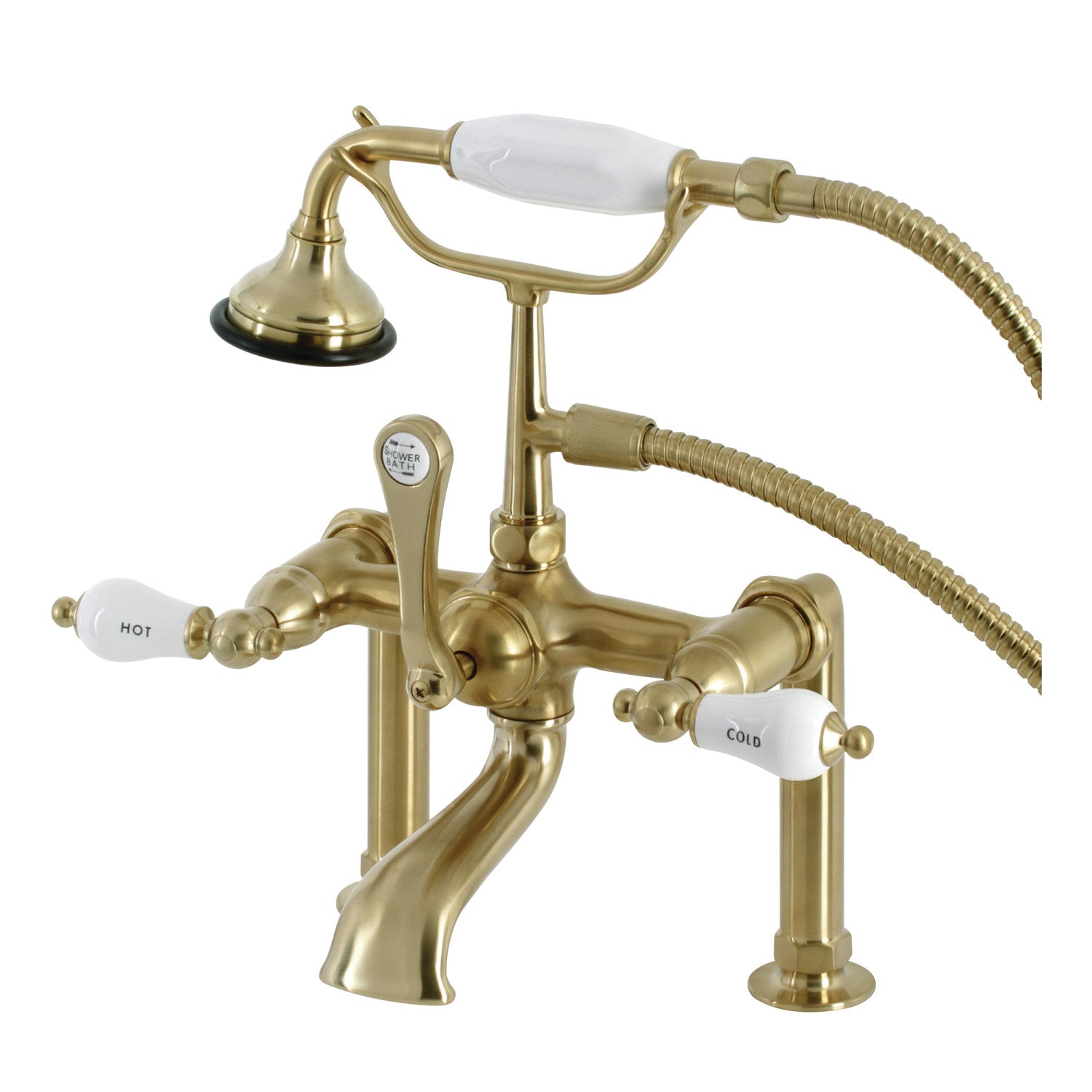 Vintage Clawfoot Tub Faucet with Hand Shower - 3-Handle 2-Hole Deck Mount in Brushed Brass for Bathroom & Spa Relaxation | Aqua AE107T7
