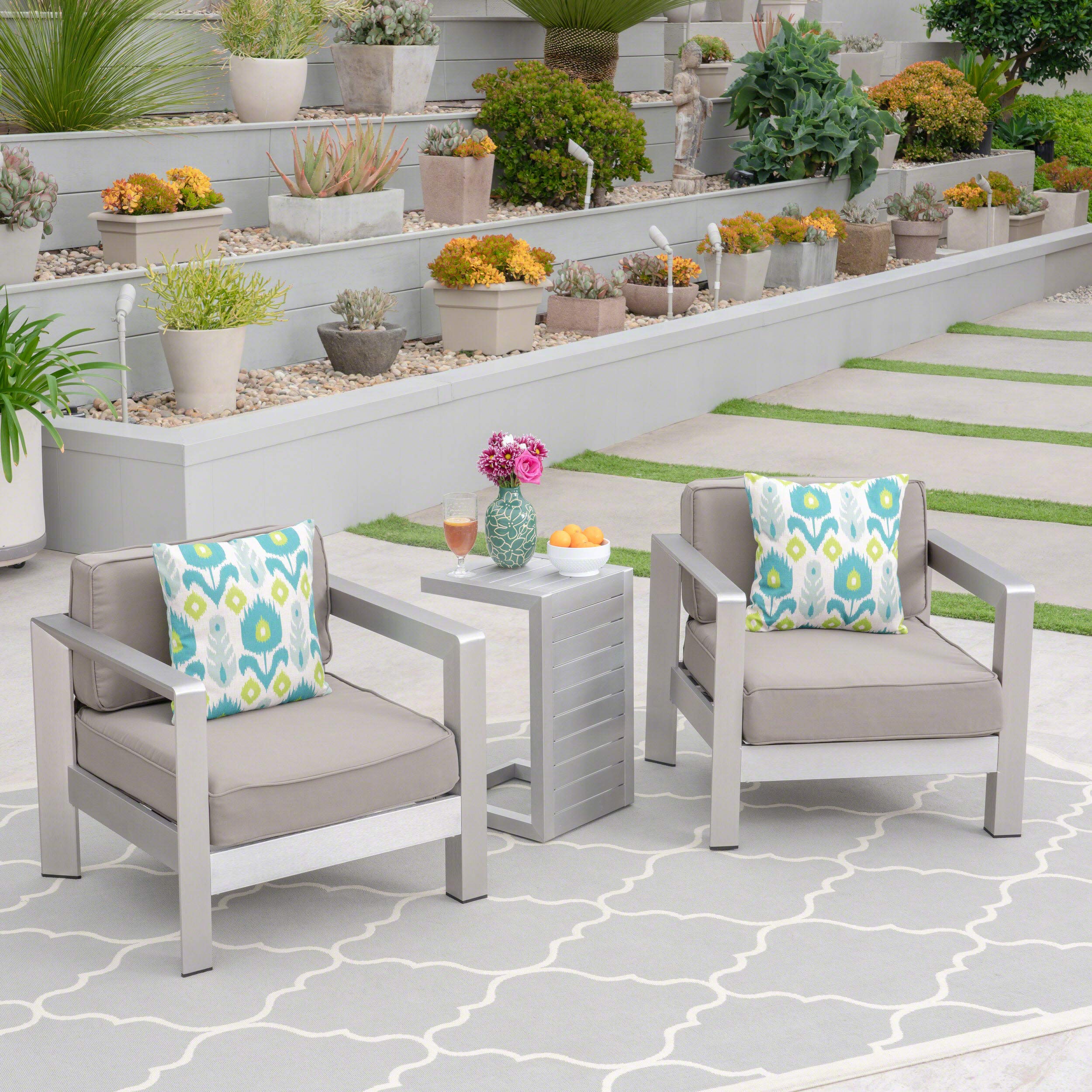 GDFStudio Outdoor Aluminum Club Chairs with Side Table - Silver & Khaki Patio Furniture Set for Garden, Poolside & Backyard Relaxation
