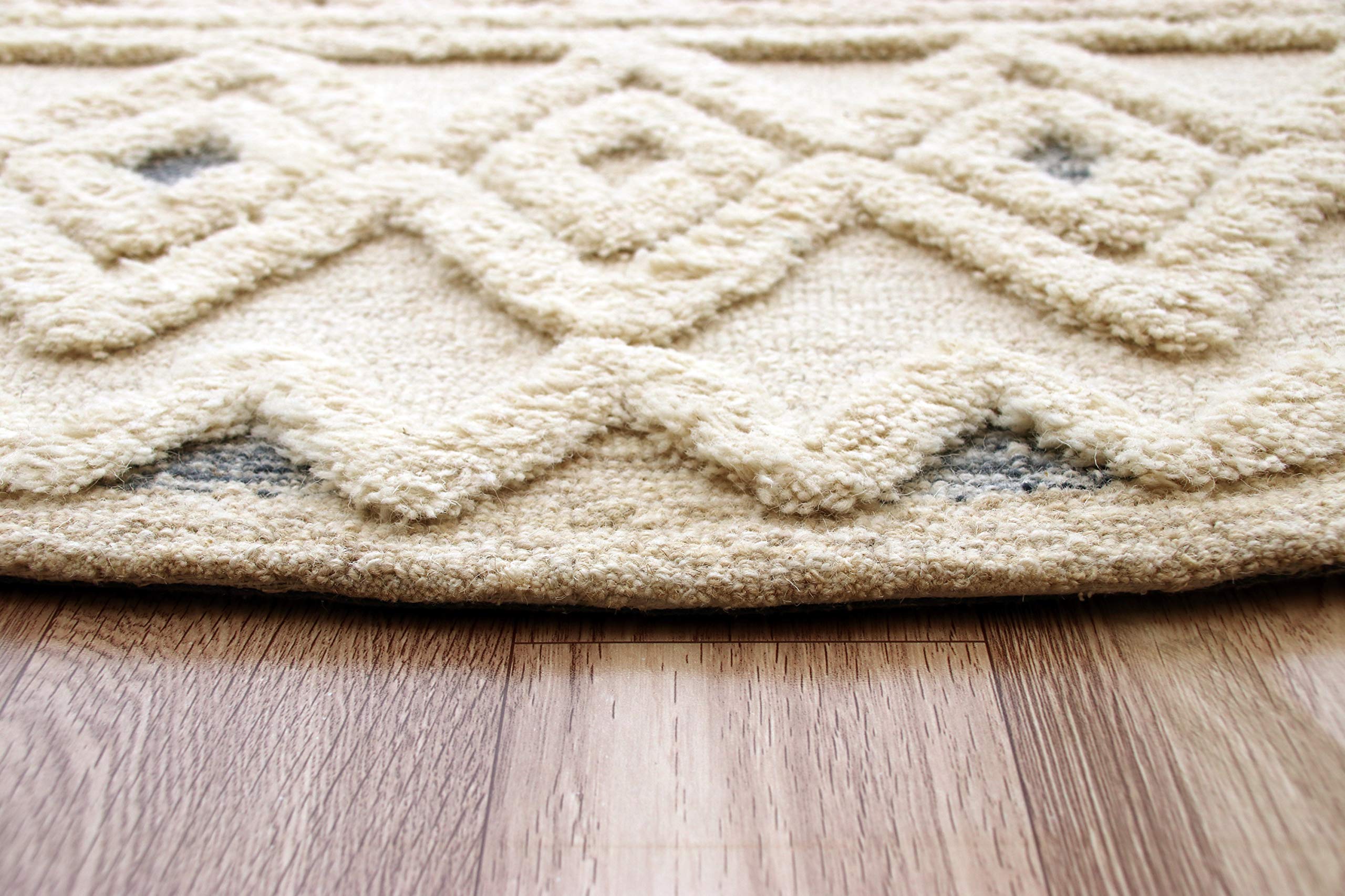 LR Home 6ft Round Indoor Natural Wool Area Rug - Hand Tufted Modern Farmhouse Boho Style Carpet for Bedroom, Living Room, Office, Nursery & Entryway - Ivory/Navy - Perfect for Cozy Home Decor & High-Traffic Areas