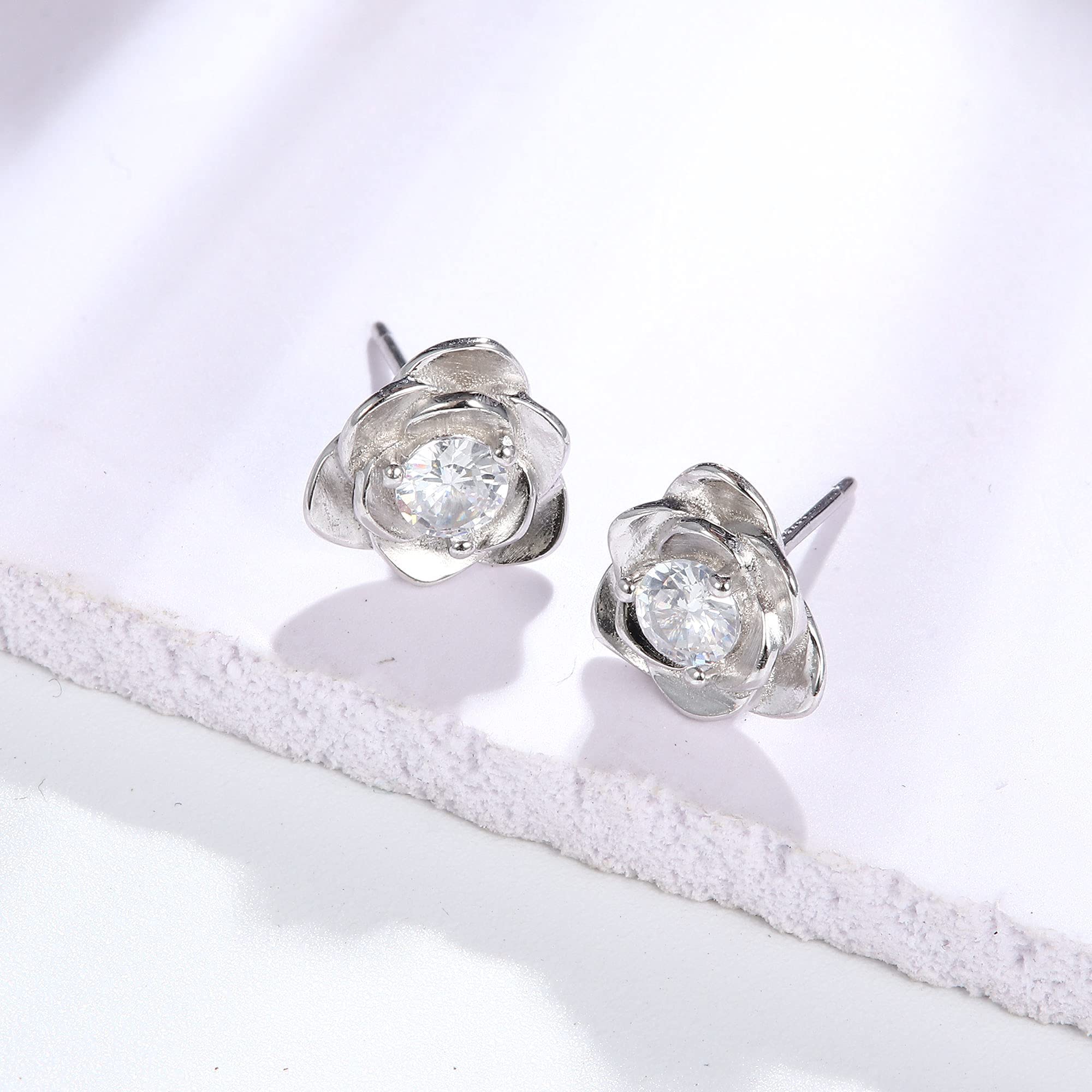 Sllaiss Rose Stud Earrings for Women - 925 Sterling Silver Cubic Zirconia Opal Flower Earrings with White Gold Plating | Perfect for Weddings, Anniversaries & Everyday Elegant Wear