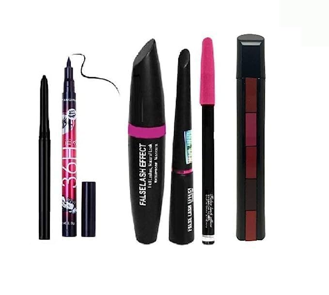 KAARM Professional 6-Piece Waterproof Makeup Set - Eyeliner, Mascara, Eyebrow Pencil, Lipstick, Sketch Eyeliner & Kajal | Long-Lasting Matte Finish | Perfect for Daily Use, Parties & Special Occasions