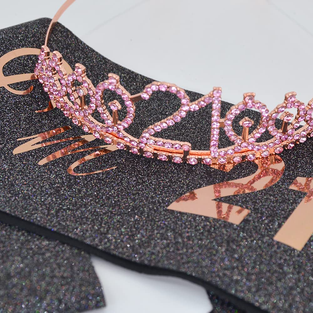 21st Birthday Sash & Crown Set - Rhinestone Tiara for Women | Funny 21st Birthday Party Favors & Supplies (Black Glitter/Rose Gold) | Perfect for Birthday Celebrations, Bachelorette Parties & Girls Night Out