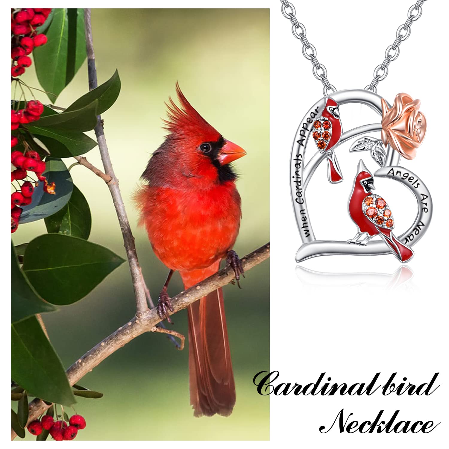 TANGPOET 925 Sterling Silver Cardinal Necklace - Memorial Jewelry Gift for Women, Heart Pendant with 'When Cardinals Appear Angels Are Near' Message - Perfect Birthday, Christmas, Anniversary Present for Her - Ideal for Remembrance, Spiritual Comfort & Special Occasions