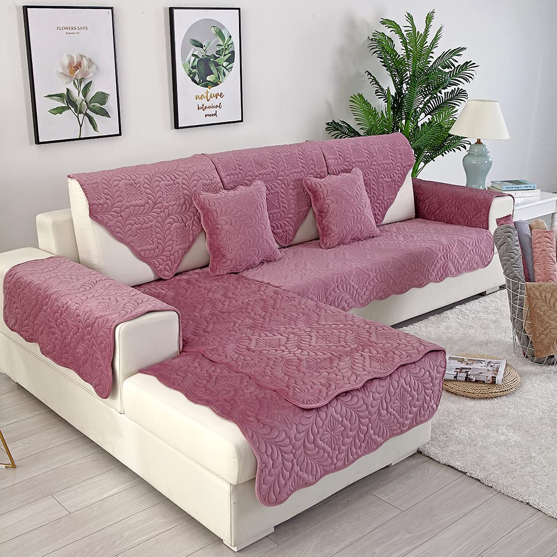 Velvet Quilted Sofa Cover for Sectional Couches - Soft Non-Slip Pet-Friendly Slipcover for Dogs & Cats - Fits L-Shaped Leather Love Seats & Recliners with Armrest/Backrest Protection (Purple, 28