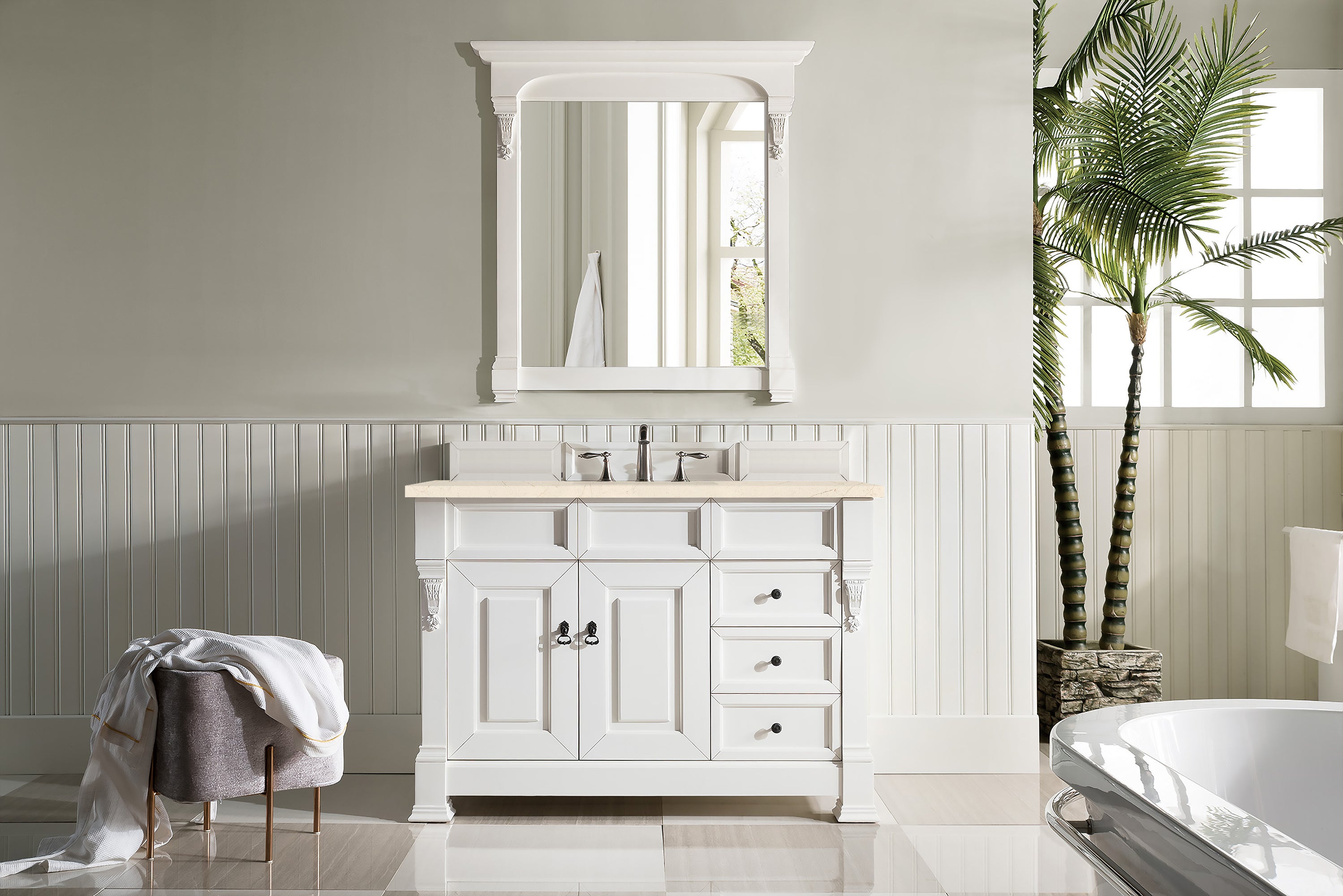 Brookfield 48 Inch Single Bathroom Vanity Set with Bright White Finish & 3CM Eternal Marfil Quartz Countertop - Perfect for Modern Home Bathroom Renovation
