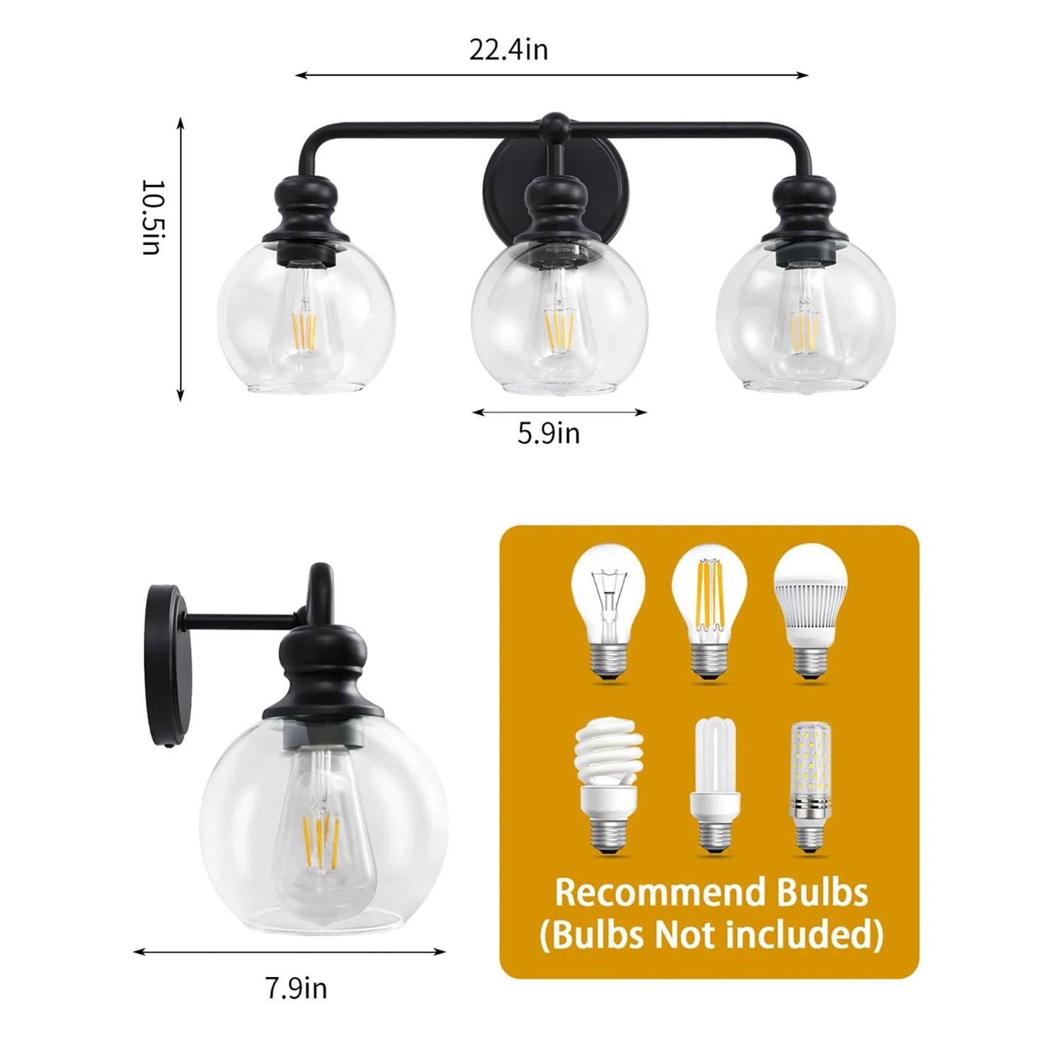 Modern Black Clear Glass 3-Light Bathroom Vanity Light - Perfect for Bathroom, Powder Room & Dressing Area Lighting