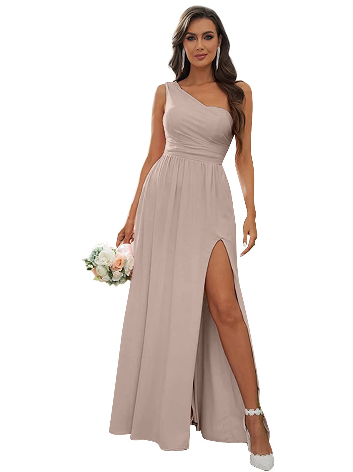 FEOLATE Elegant One Shoulder Long Bridesmaid Dress for Wedding, Formal Evening Party Gown with High Slit - Perfect for Prom, Cocktail Events & Special Occasions