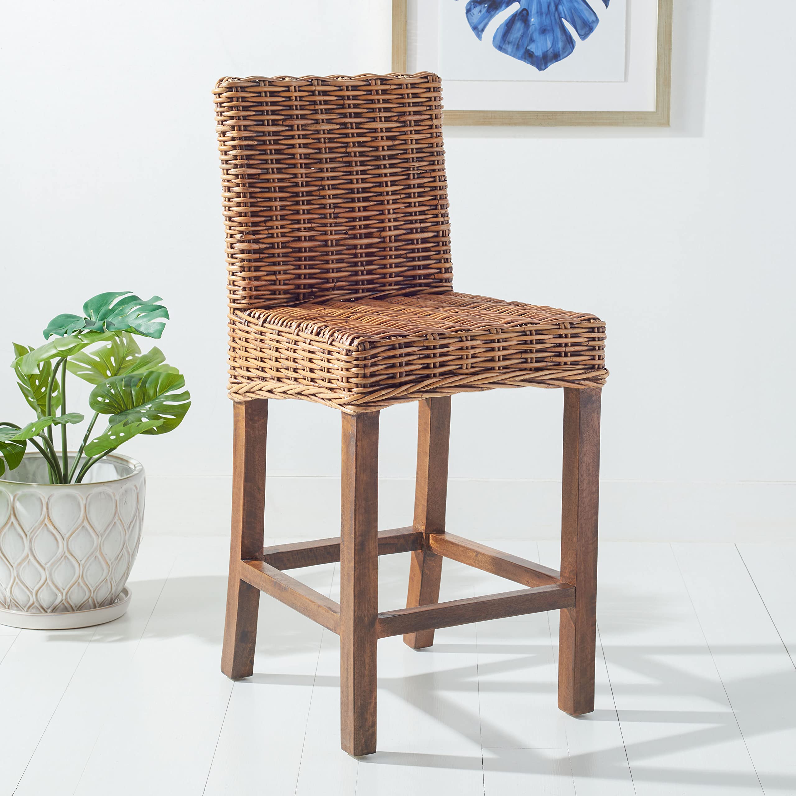 SAFAVIEH Home Tobie Honey Brown Wash Rattan 24-inch Counter Stool - Modern Bar Stool for Kitchen Island, Breakfast Nook & Dining Room Decor