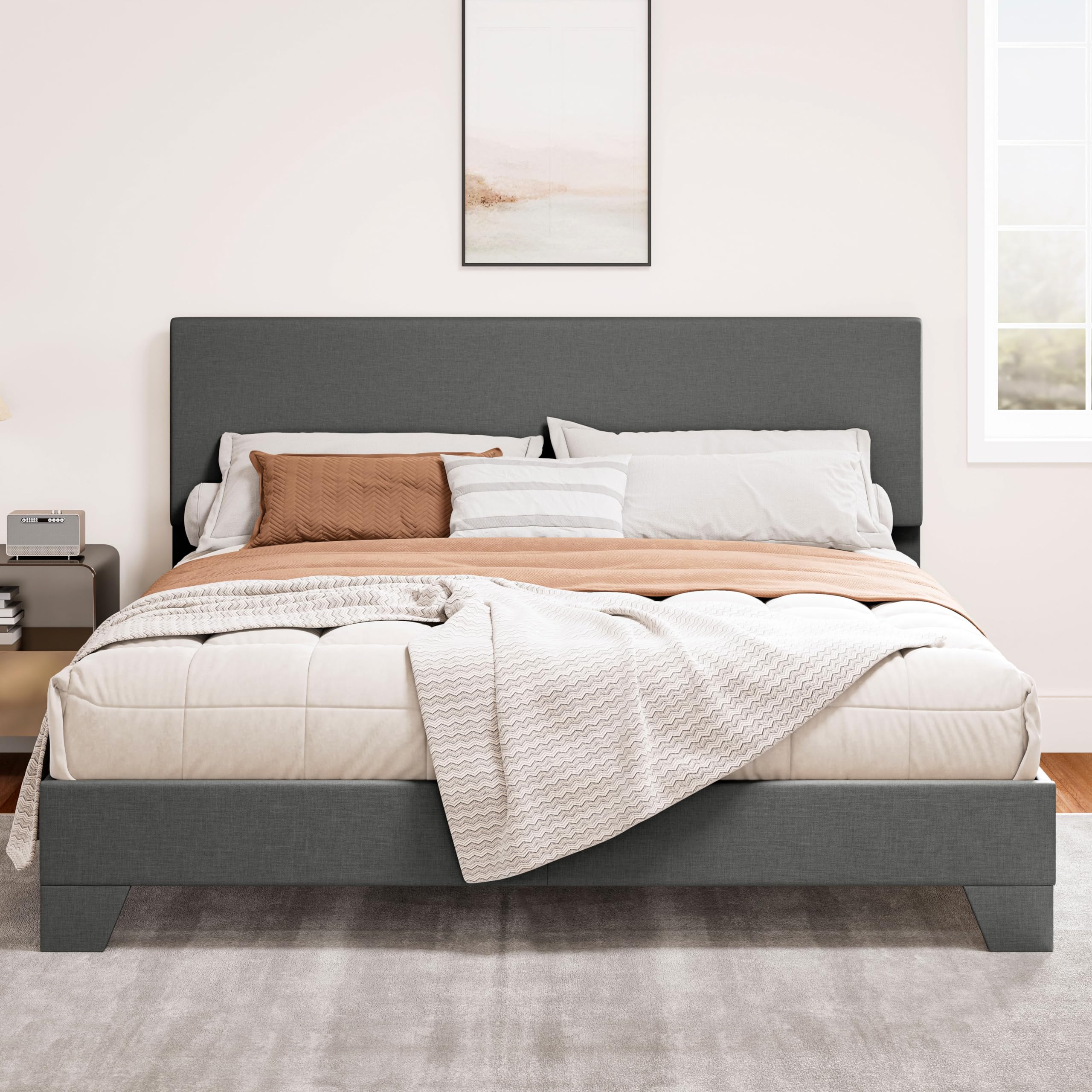 Full Size Platform Bed Frame with Adjustable Headboard & Wood Slats - No Box Spring Needed - Dark Grey Fabric Upholstered Modern Bed - Easy Assembly for Bedroom, Guest Room, Dorm