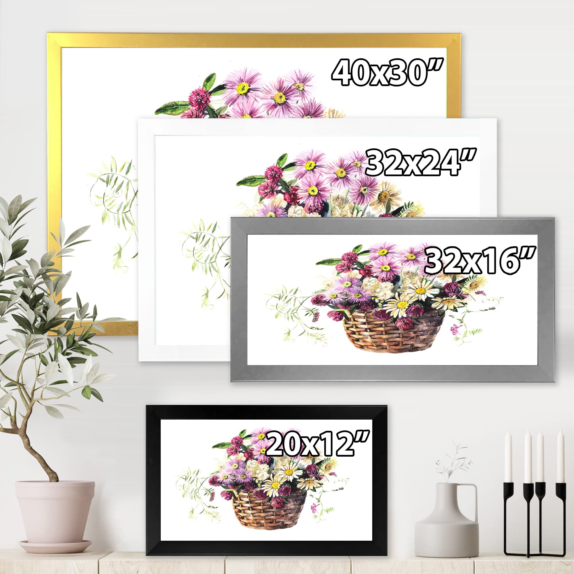 DesignQ Traditional Framed Wall Art - Meadow Flower Bouquet in Basket Painting - Perfect for Living Room, Bedroom & Office Decor