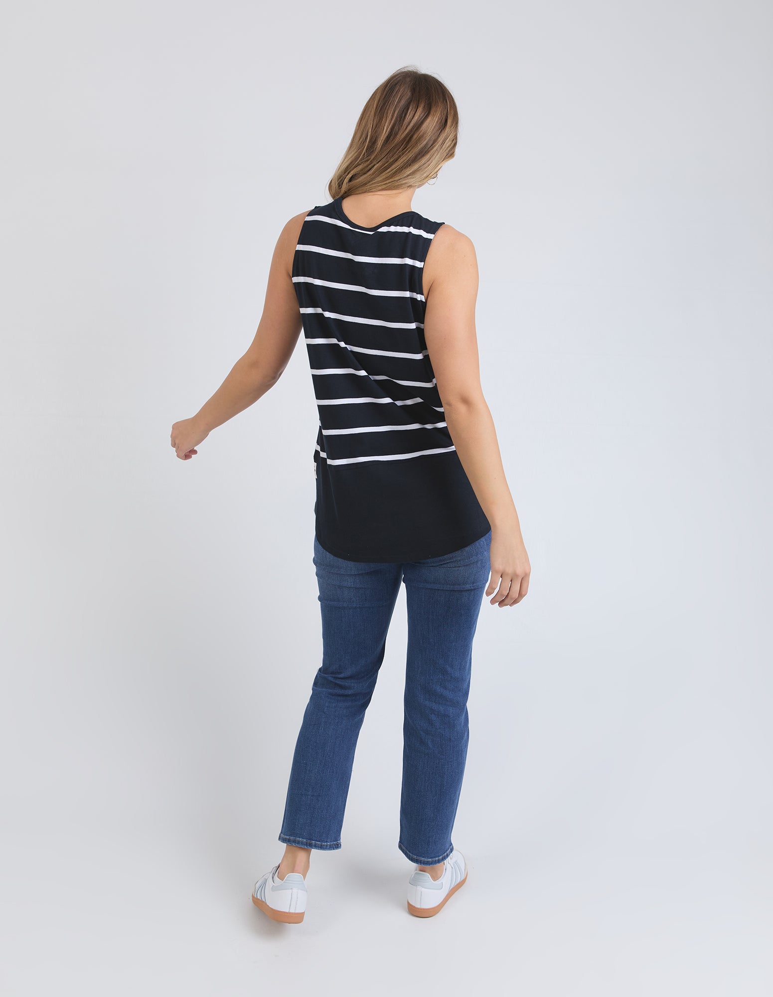Elm Rib Tank Top for Women - Navy Blue with White Stripe - Casual Summer T-Shirt for Streetwear, Beach, and Everyday Outfits