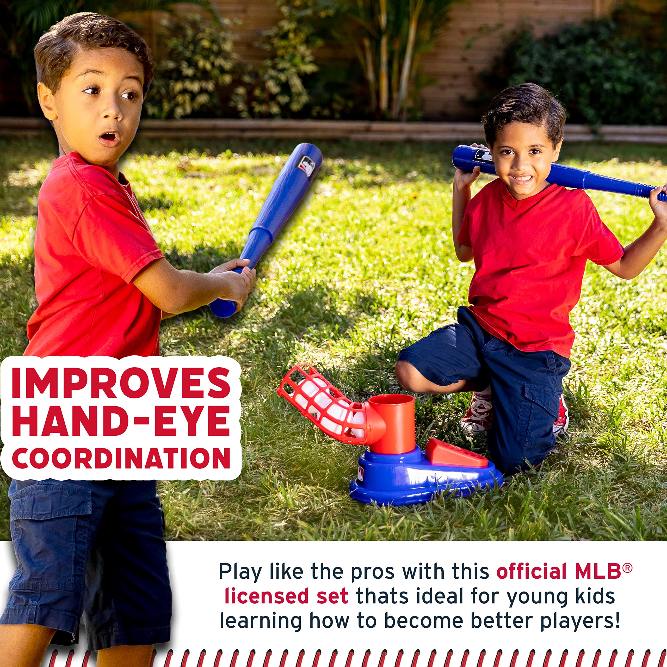 Franklin Sports Kids Baseball Pitching Machine - Pop A Pitch Batting Trainer with Youth Bat & 3 Plastic Balls - Perfect for Backyard Practice, Team Training & Birthday Gifts - Red/Blue Baseball Toy for Boys & Girls