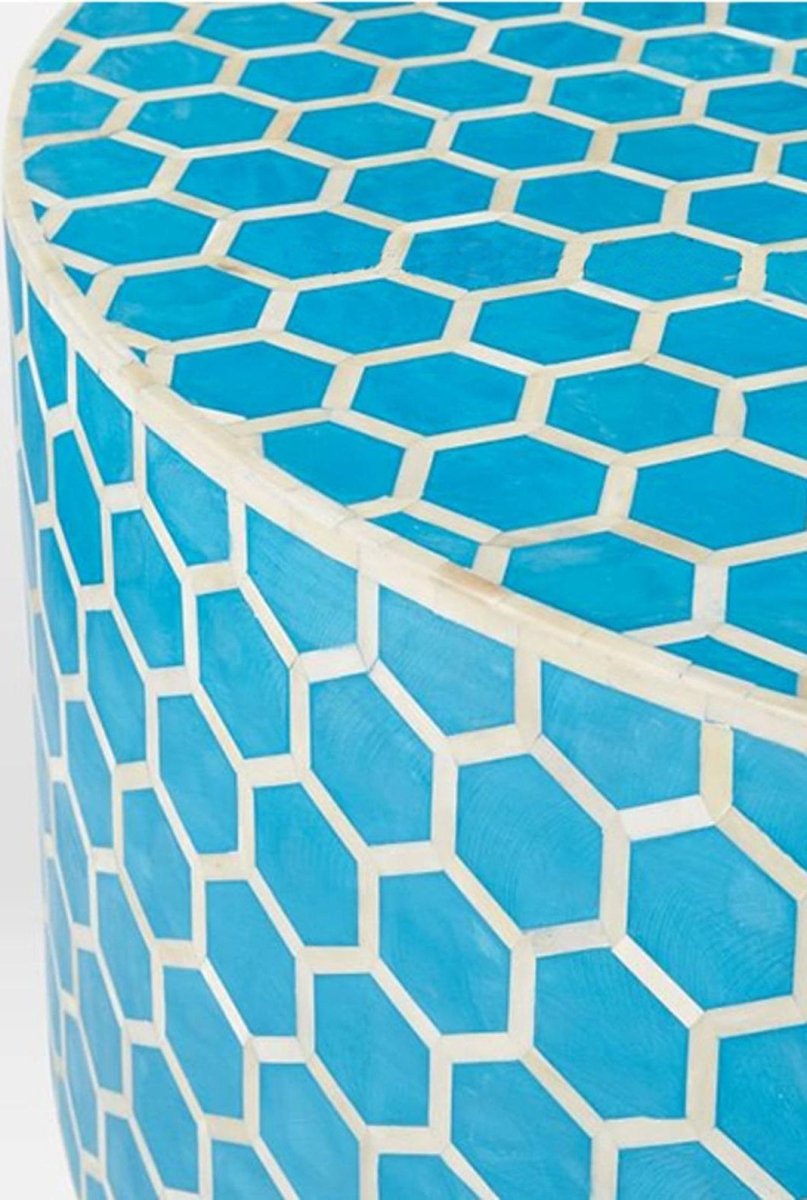 Handmade Bone Inlay Round Coffee Table with Honeycomb Design - Blue Boho Chic Home Decor for Living Room, Lounge & Office