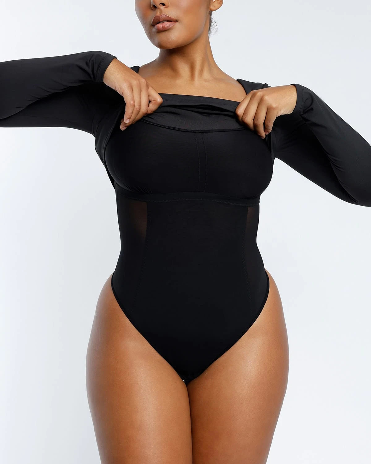 2-in-1 Built-in Shapewear Scoop Neck Long Sleeve Sculpting Top for Women | Slimming Tummy Control Bodysuit for Everyday Wear & Layering