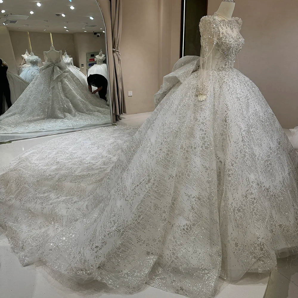 Elegant Sequined Wedding Dress with O-Neck, Long Sleeves & Chapel Train - Perfect for Bridal Ceremony, Chapel Wedding & Formal Evening Events