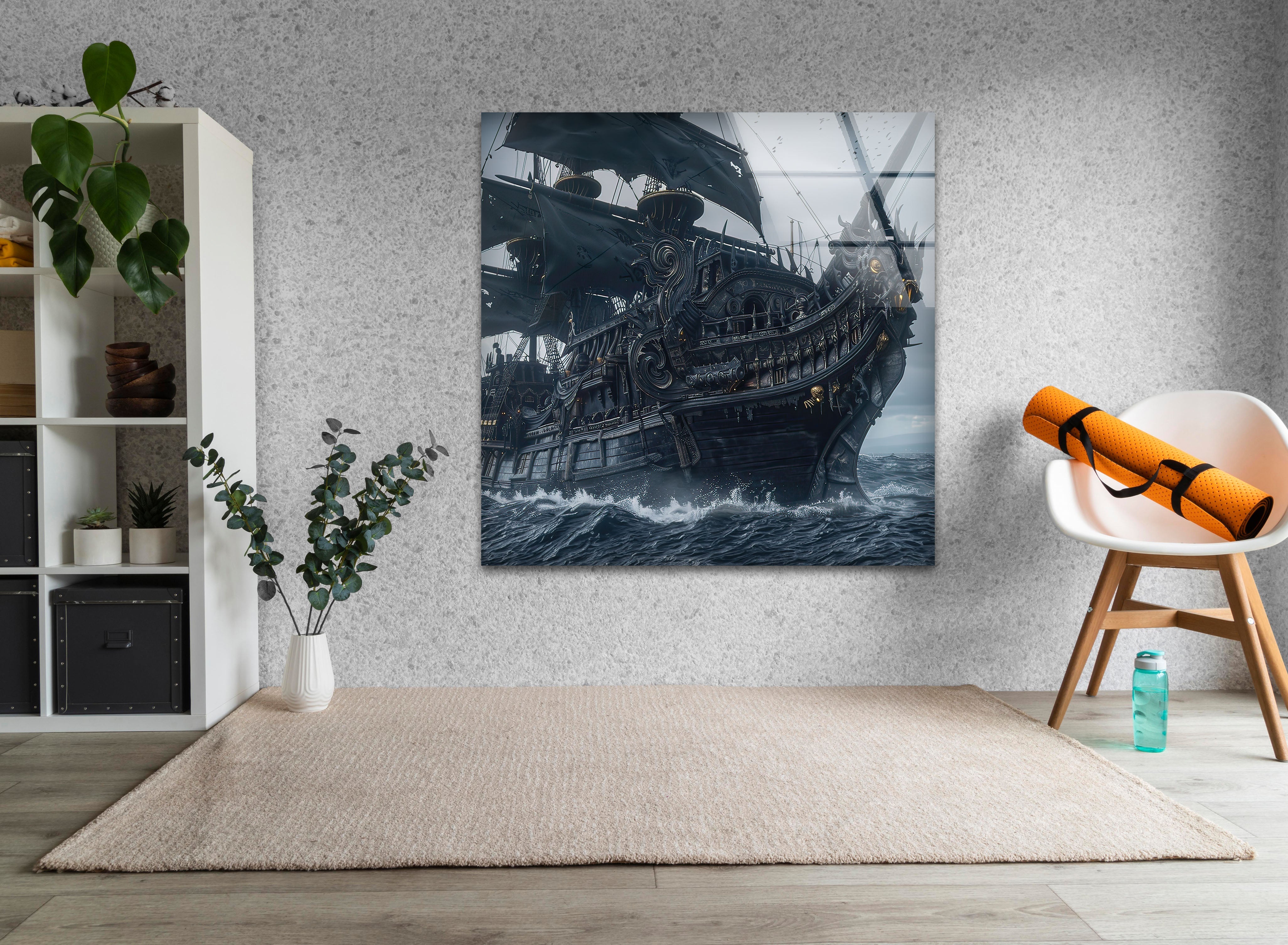 Large Pirate Ship Glass Wall Art Decor - Nautical Theme Stained Glass Window Hanging for Living Room, Bedroom, or Office
