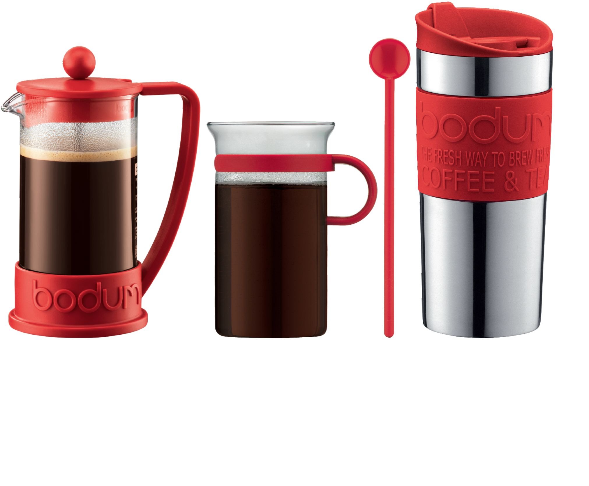 Bodum Coffee Set - French Press, Insulated Travel Mug, Glass Coffee Mug & Spoon - Red - Perfect for Home, Office & Travel Brewing