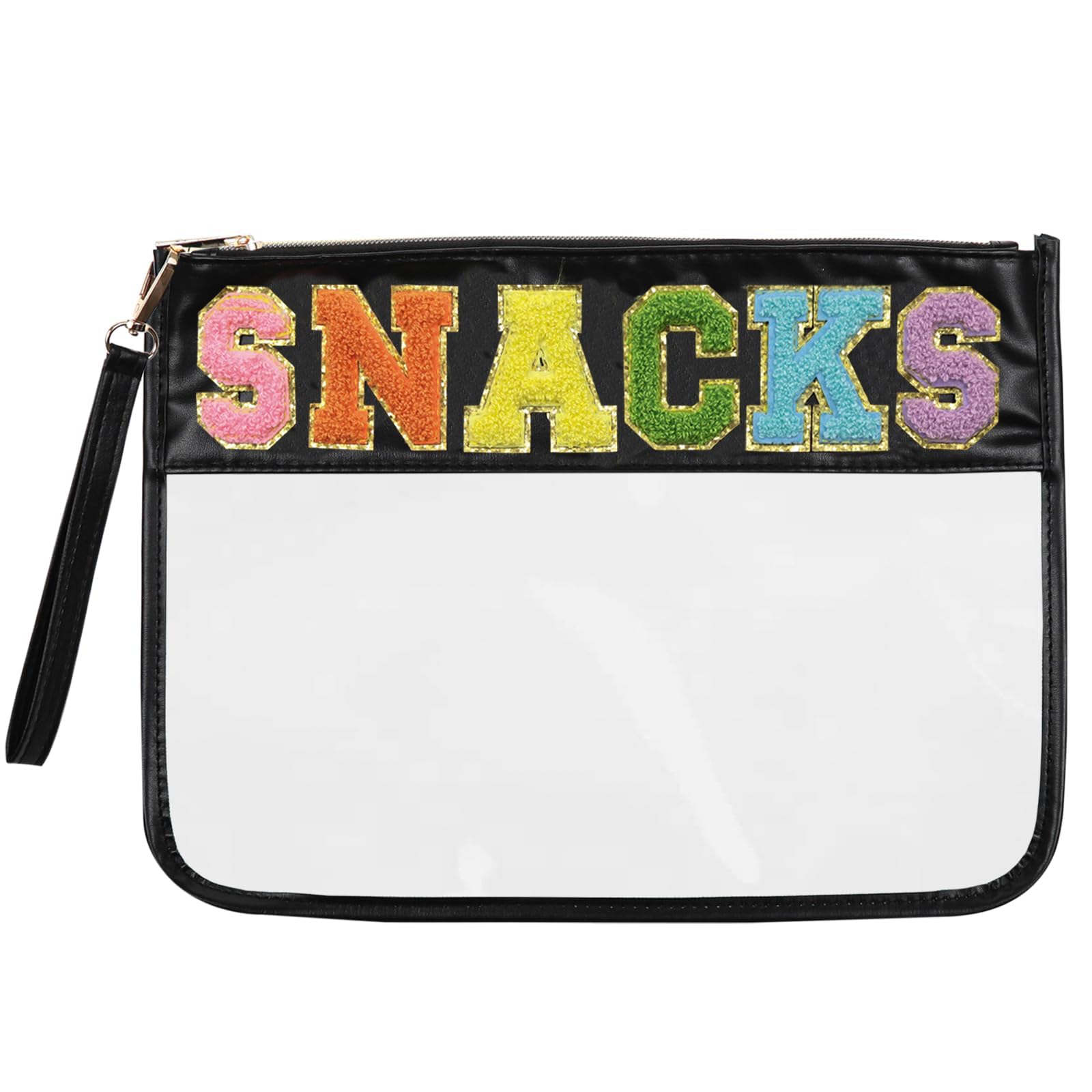 Snack Bags Pouch | Travel Makeup Bag with Chenille Letter | Clear Cosmetic Zipper Pouch | Women's Tote & Travel Organizer | Perfect for Snacks, Makeup Storage & On-the-Go Essentials