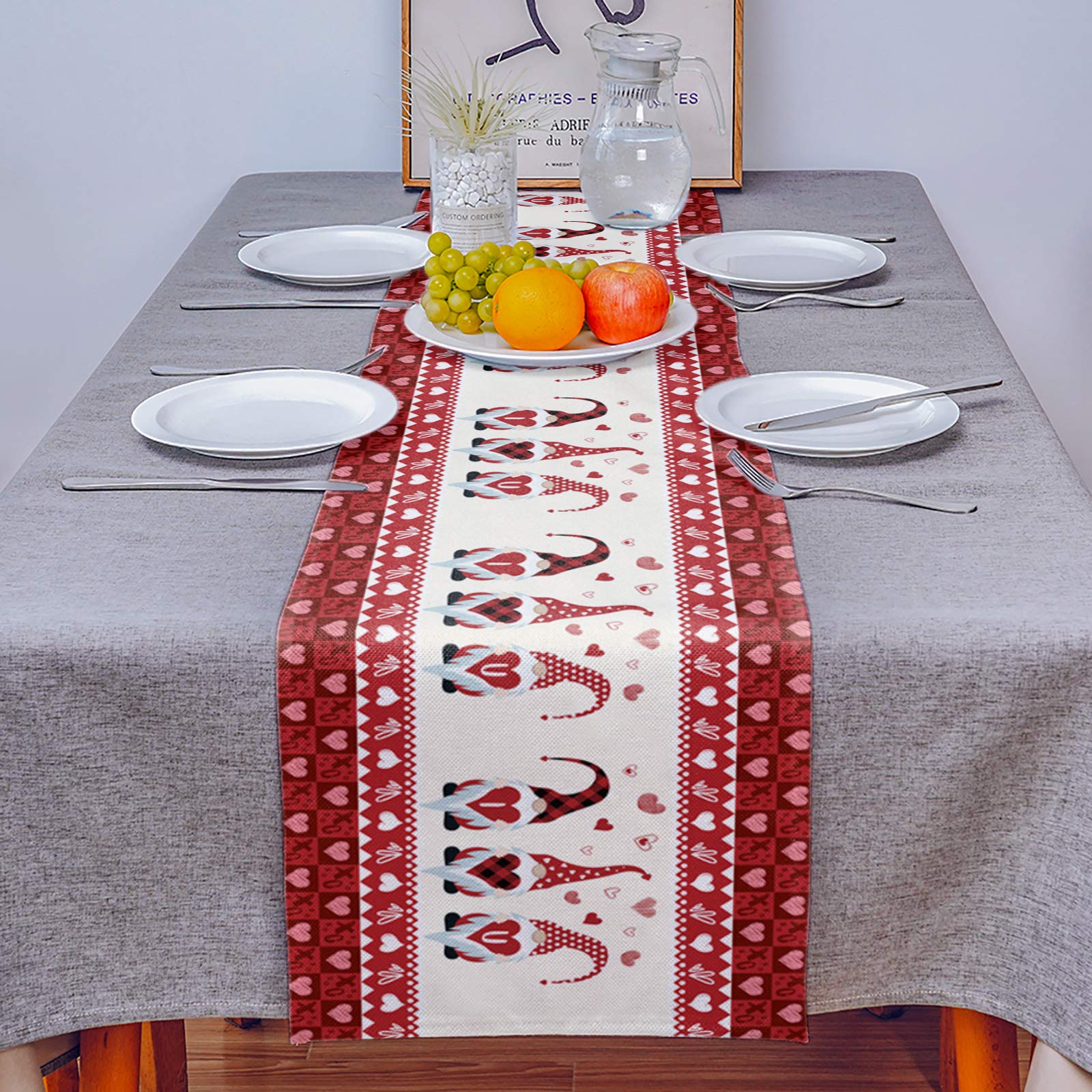T&H XHome Linen Burlap Table Runner - 72 Inch Washable Farmhouse Decor for Kitchen, Dining Table, Dresser | Valentine's Day Gnome Love Theme | Perfect for Weddings, Parties & Home Decor