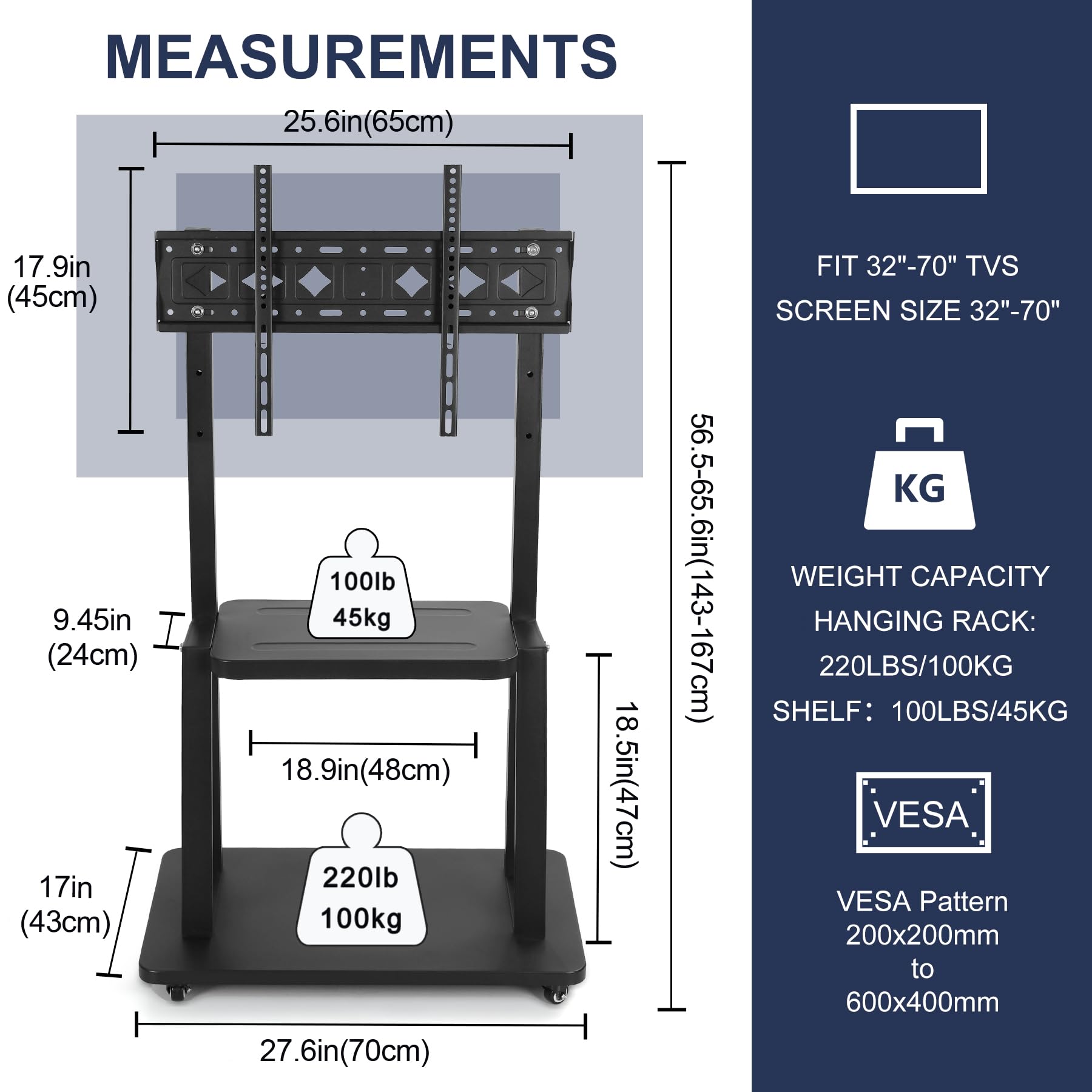 Heavy-Duty Rolling TV Stand with Wheels for 32-75 Inch TVs - Adjustable Height Mobile Cart for LCD LED OLED Flat Screens & Smartboards (100lbs Capacity) - Perfect for Living Rooms, Classrooms & Office Presentations