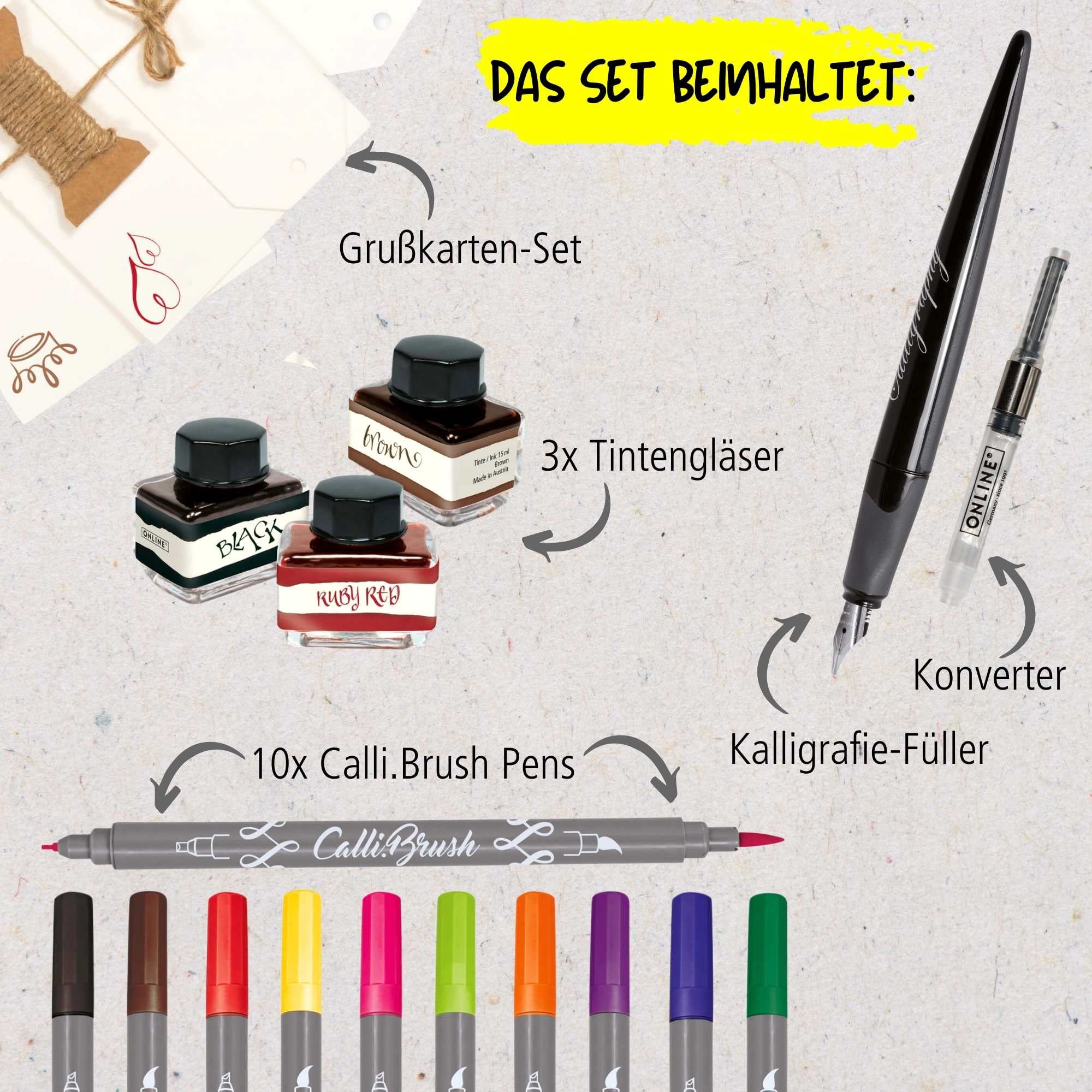 Premium Calligraphy Set for Beginners & Professionals - 1.4mm Fountain Pen, 10 Dual-Tip Brush Pens, 3 Ink Bottles, Converter & Greeting Cards - Perfect for Hand Lettering, Wedding Invitations, DIY Cards & Artistic Writing (Black, 81159)