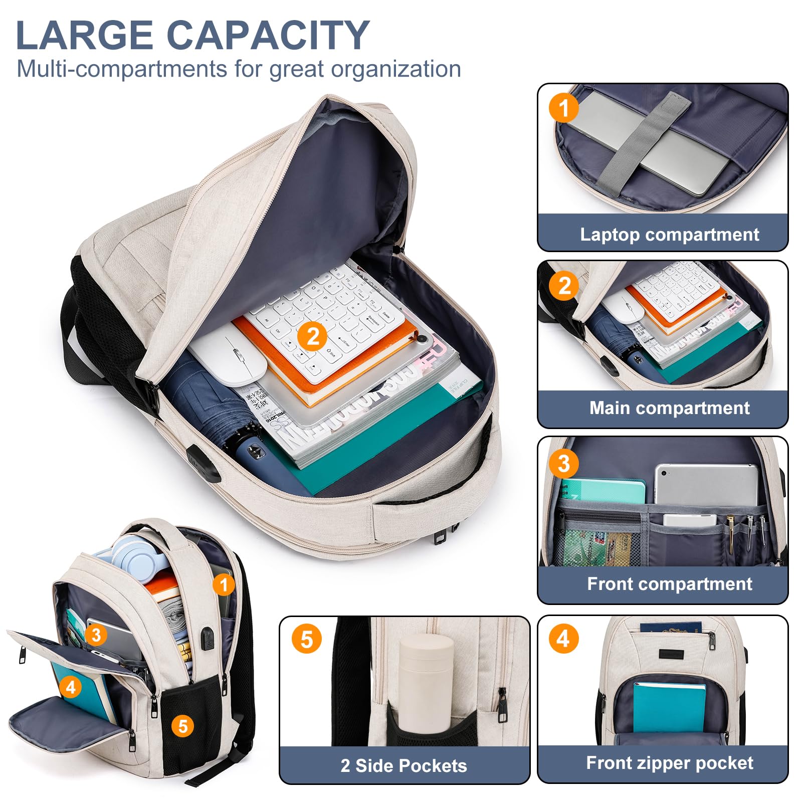 Durable School Backpack for Teens & College Students - Laptop Backpack with USB Charging Port, Ergonomic Book Bag for Men & Women (Beige) - Perfect for School, Travel & Daily Commute