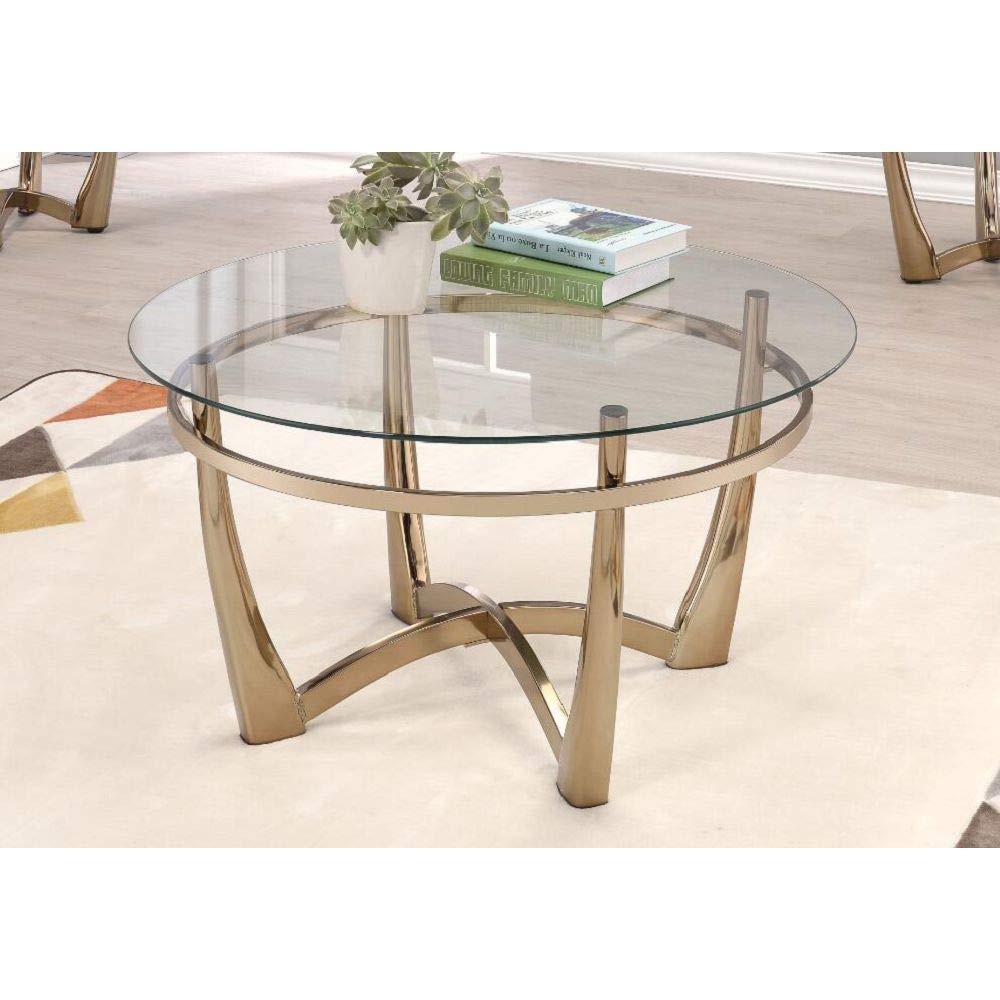 Modern Round Coffee Table with Tempered Glass Top & Metal Base - 35
