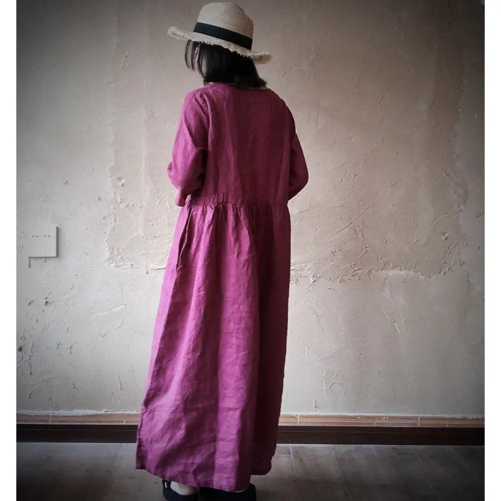 Dark Blue V-Neck Linen Maxi Dress with Long Sleeves for Women | Summer Beach Cover Up Dress | Perfect for Vacation, Wedding Guest & Casual Outings