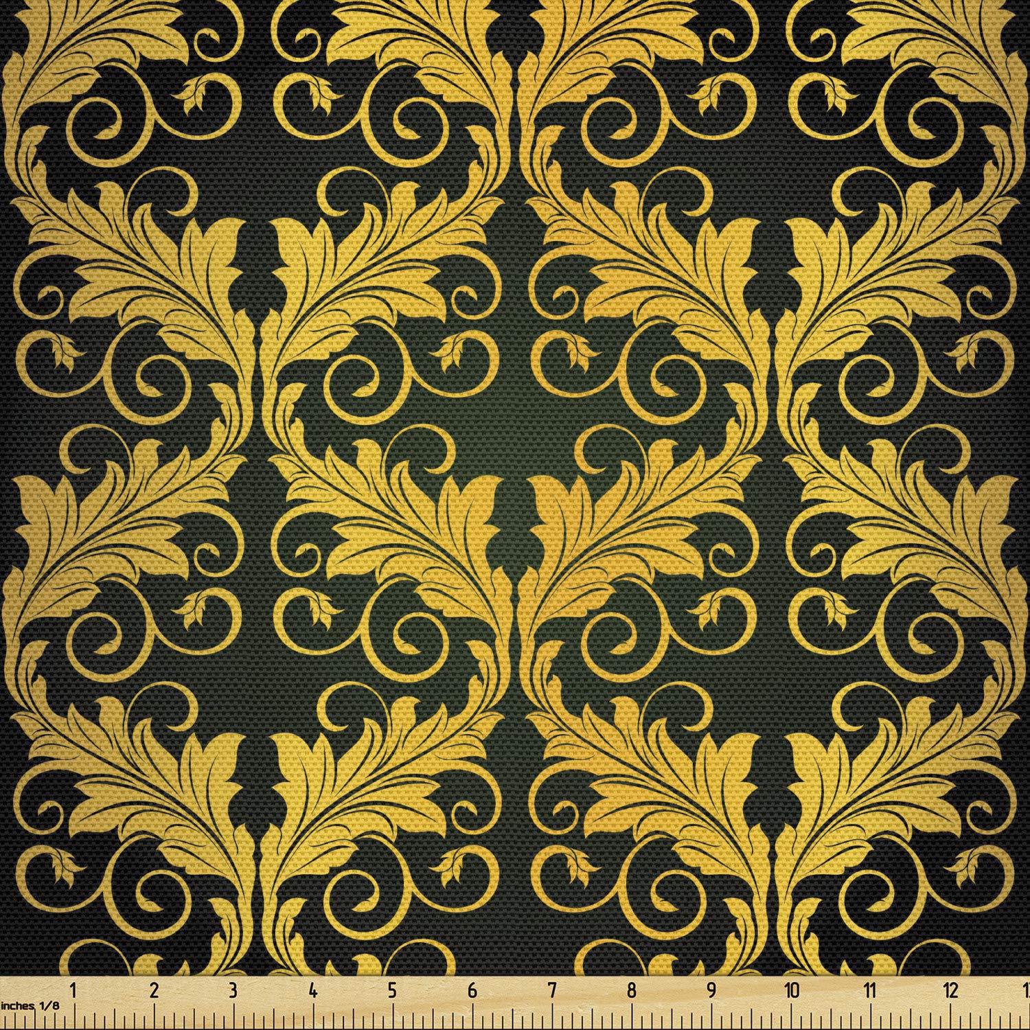 Ambesonne Yellow Damask Fabric by The Yard - Renaissance Inspired Wave Leaf Pattern Upholstery Material (10 Yards, Dark Green/Yellow) for Sofa Reupholstery, Curtains & Home Decor Projects