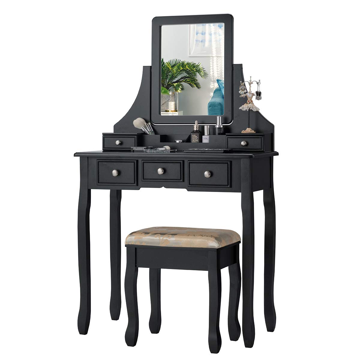 Charmaid Vanity Makeup Table Set with Mirror & Cushioned Stool - 5-Drawer Dressing Table with Removable Storage Organizers - Elegant Black Makeup Vanity for Women & Girls - Perfect for Bedroom, Dorm Room & Beauty Salon