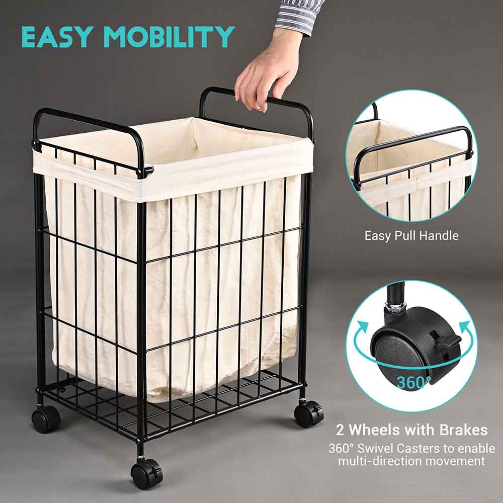 TheLAShop Rolling Laundry Basket with Wheels - Metal Frame & Canvas Hamper for Clothes, Bedding, and Toys - Perfect for Bedroom, Laundry Room, and Dorm Organization