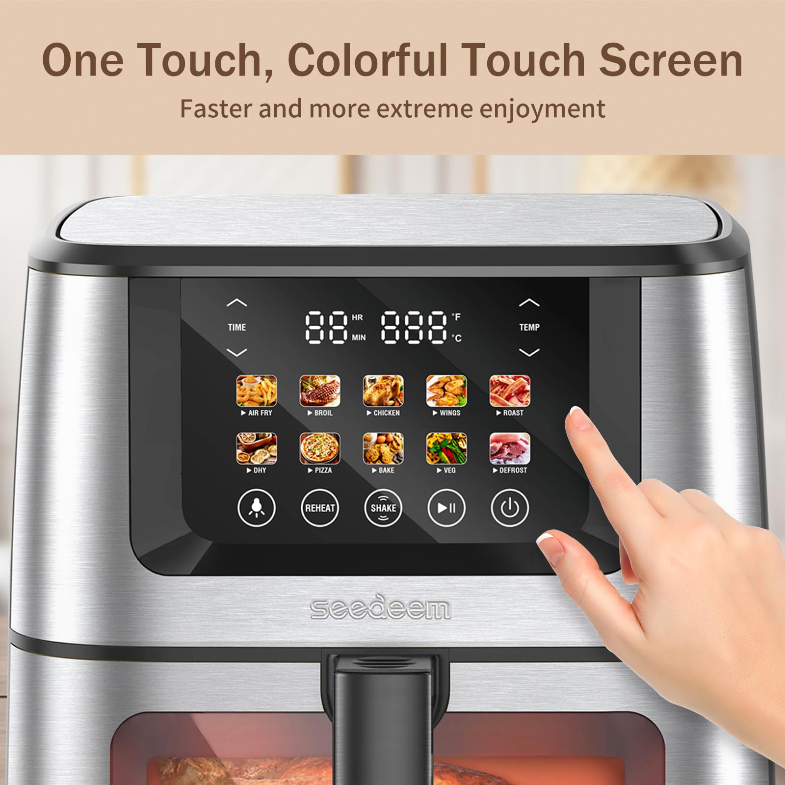 SEEDEEM Max XL 8 Quart Air Fryer Toaster Oven Combo - 10-in-1 Multi-Function Countertop Convection Oven with LCD Touchscreen, Clear Cooking Window (Bake, Roast, Broil, Dehydrate) - Perfect for Family Cooking, Meal Prep & Healthy Eating - Silver