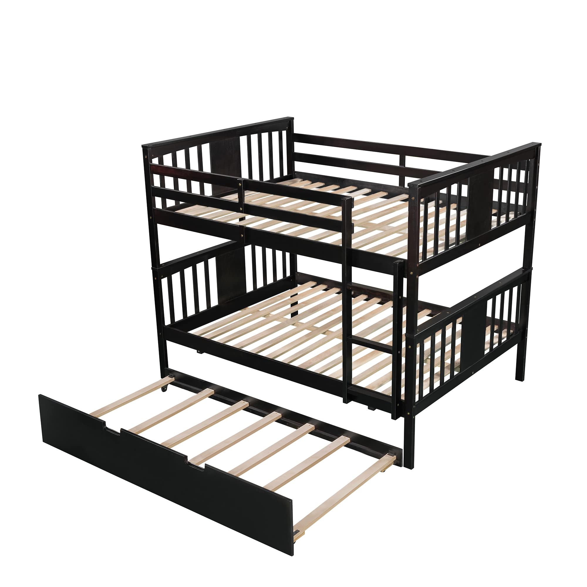 Harper & Bright Designs Solid Wood Full Over Full Bunk Bed with Trundle - Twin Bunk Bed Frame with Ladders & Storage - Sturdy Espresso Bedroom Furniture for Kids, Teens & Guest Rooms - Space Saving Solution for Small Homes & Dorm Rooms
