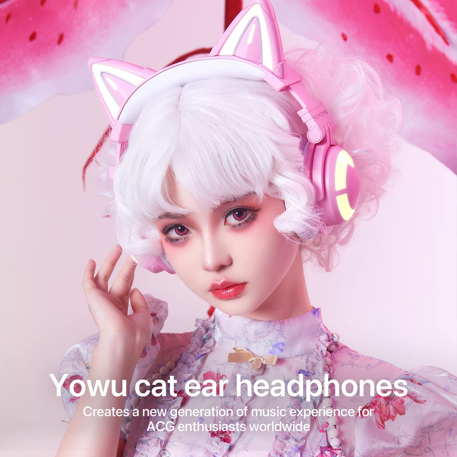 YOWU Cat Ear Headphones 3G - RGB Wireless/Wired 5.0 Foldable Gaming Headset with 7.1 Surround Sound, Built-in Mic & Customizable LED Lighting via APP (Pink) | Perfect for PC Gaming, Streaming, and Cosplay