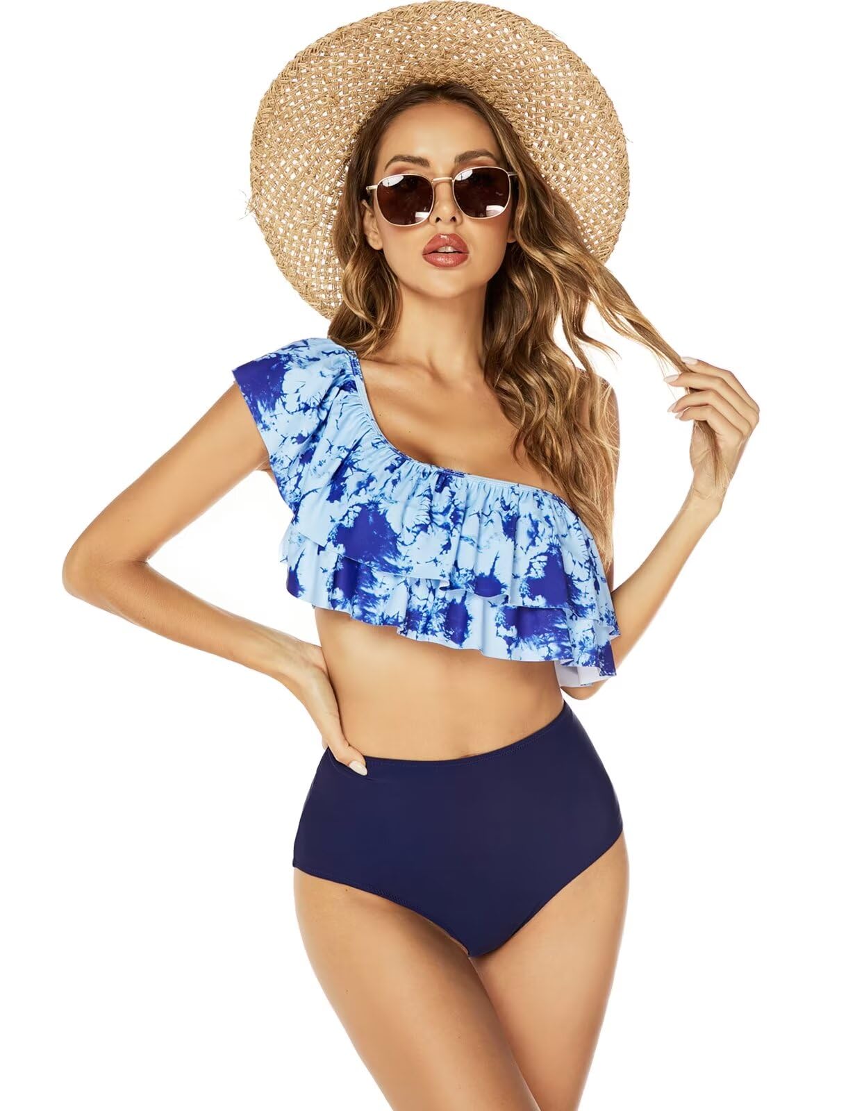 VIMPUNEC Women's Striped High Waisted Ruffle One Shoulder Two Piece Swimsuits - Sexy Bathing Suit for Beach, Pool Party & Summer Vacation