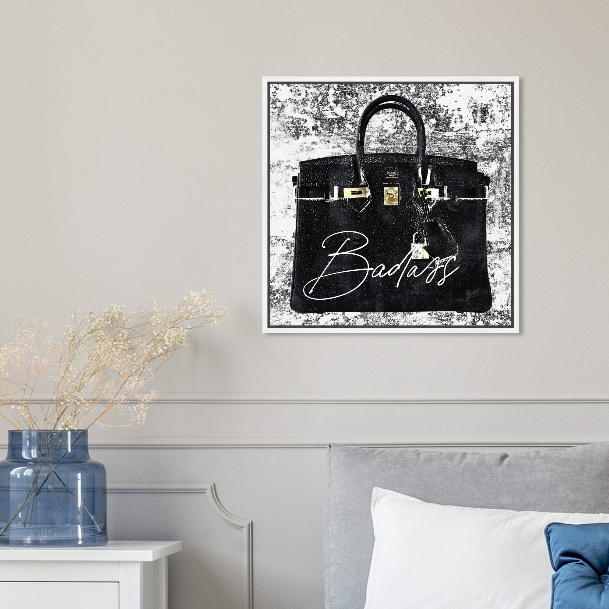 Super Birkin Women Handbags Wall Art - 16x16 Inch Framed Canvas Prints by Oliver Gal Artist Co. - Fashion & Glam Home Décor in Black & White - Perfect for Living Room, Bedroom & Office Decor