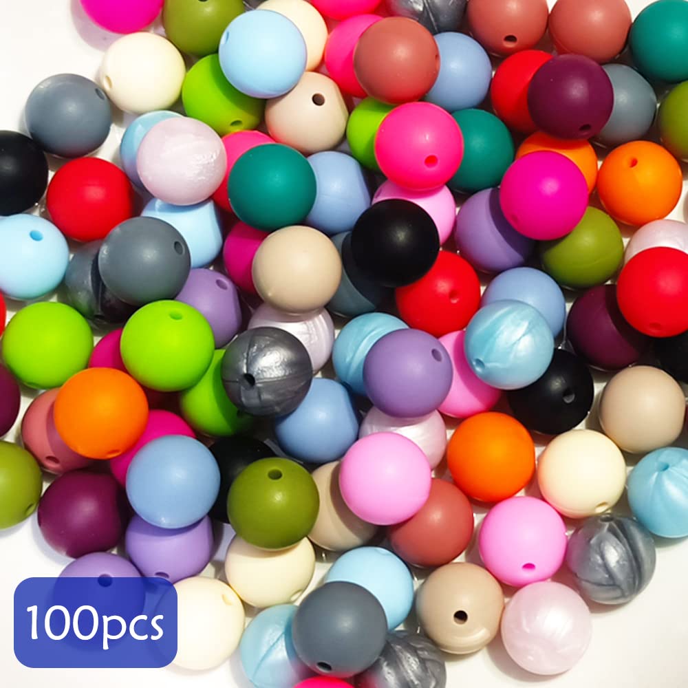 15mm Colorful Silicone Beads for DIY Jewelry Necklaces & Keychains - BPA Free Round Beads (100pcs) - Perfect for Bracelets, Earrings & Craft Projects