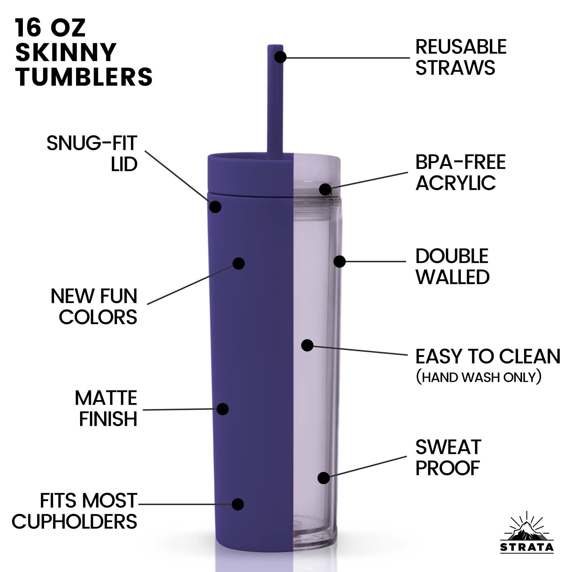 24 Pack Matte Pastel Tumblers - 12 Black & 12 Purple 16oz Insulated Cups | STRATA CUPS BUNDLE | Perfect for Coffee, Tea, Smoothies & Cold Drinks | Reusable Travel Mug for Office, Gym & Outdoor Activities