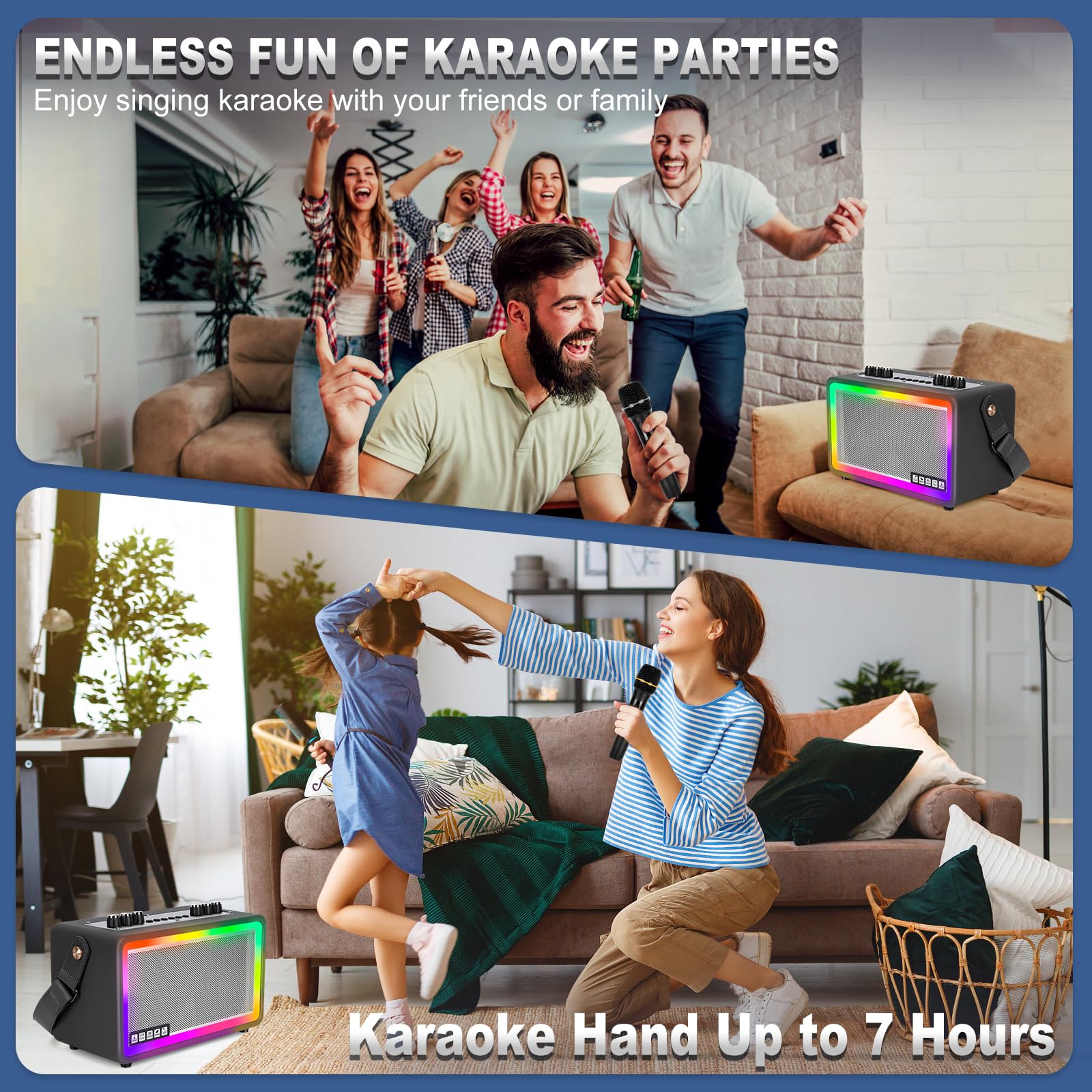 Portable Karaoke Machine with 2 UHF Wireless Microphones - Bluetooth Speaker for Adults, PA System with Remote Control, Volume Adjustment & LED Lights (Supports TF/USB/AUX/OTG) - Perfect for Home Parties, Outdoor Gatherings & Professional Performances