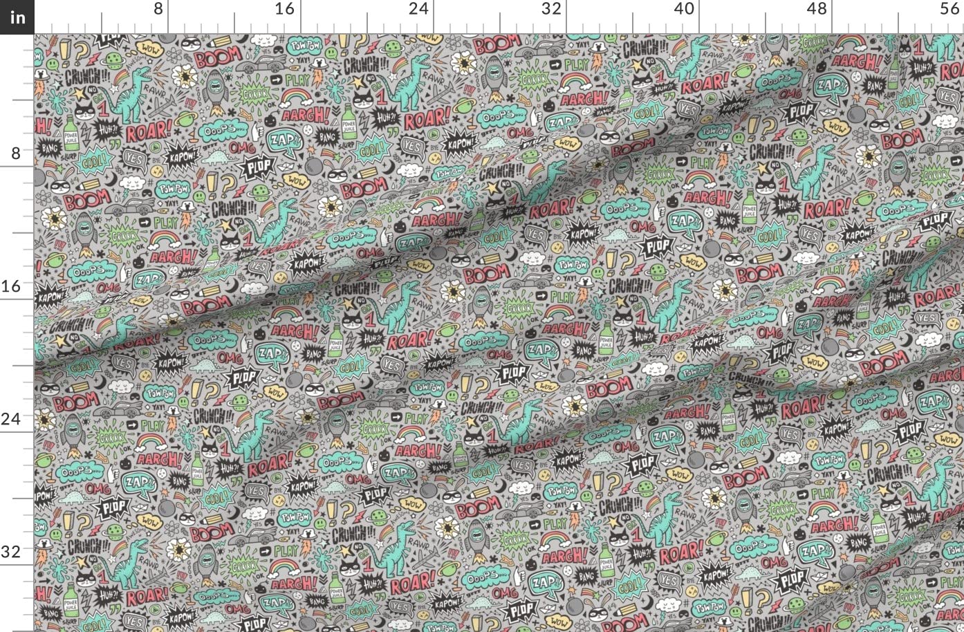 Dinosaurs Space Galaxy Comic Speech Bubbles Printed Fleece Fabric by The Yard - Soft Light Grey Autumn Doodle Pattern for Sewing Blankets, Loungewear & No-Sew DIY Projects - Perfect for Kids Bedding, Pajamas & Home Decor