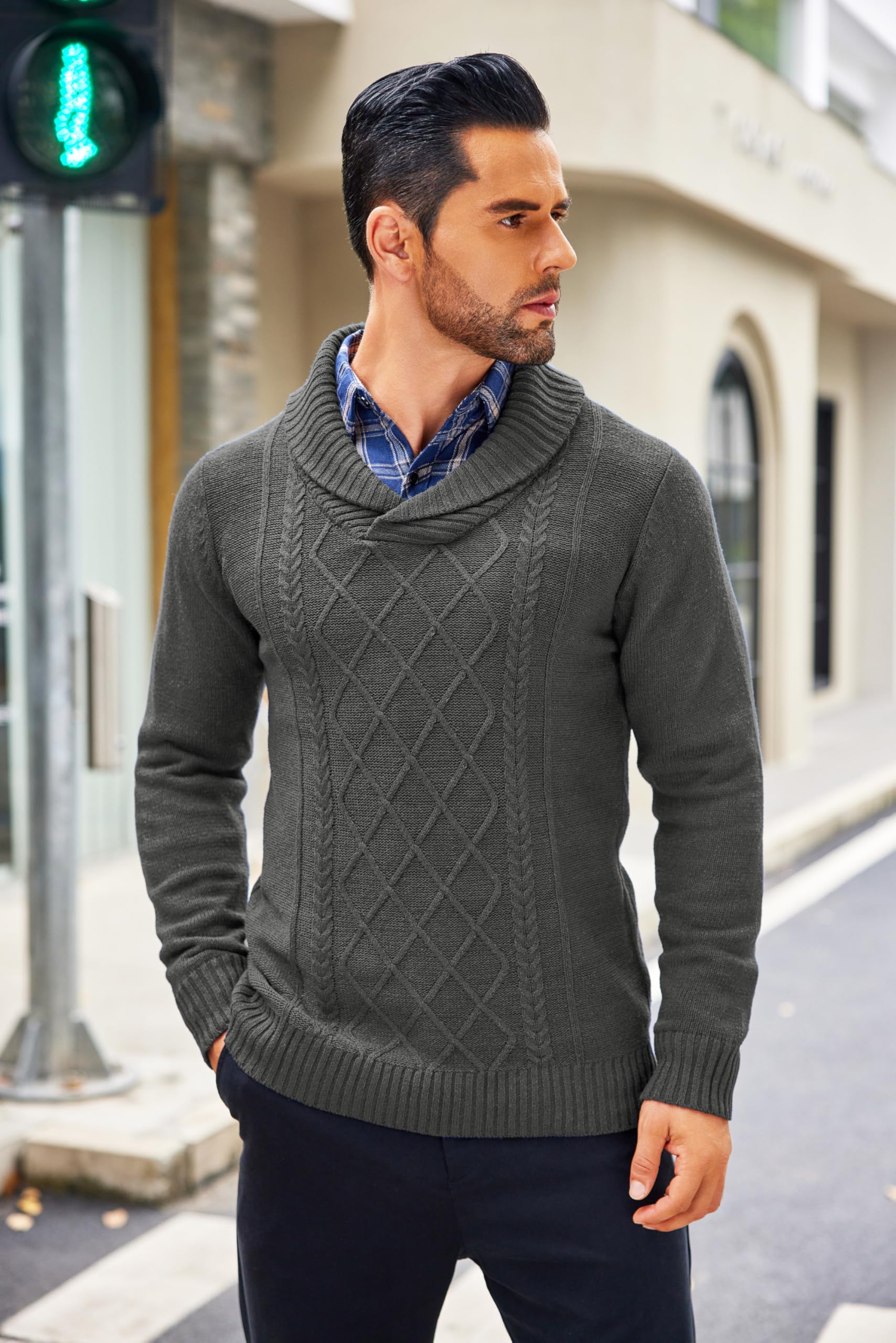 COOFANDY Men's V-Neck Cable Knit Sweater - Shawl Collar Relaxed Fit Pullover for Casual Wear & Winter Outfits