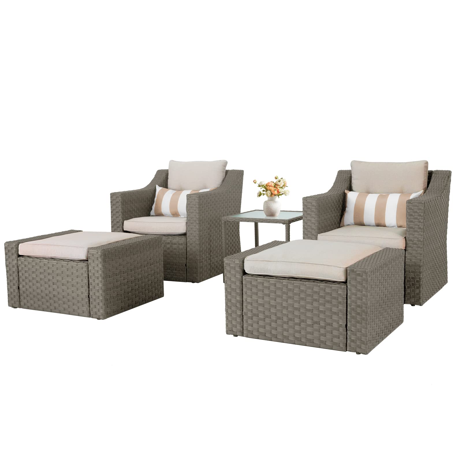 SOLAURA 5-Piece Outdoor Patio Furniture Set - Grey Wicker Lounge Chairs with Ottoman Footrest, Coffee Table & Beige Cushions - Perfect for Garden, Patio, Balcony, Deck & Backyard Relaxation