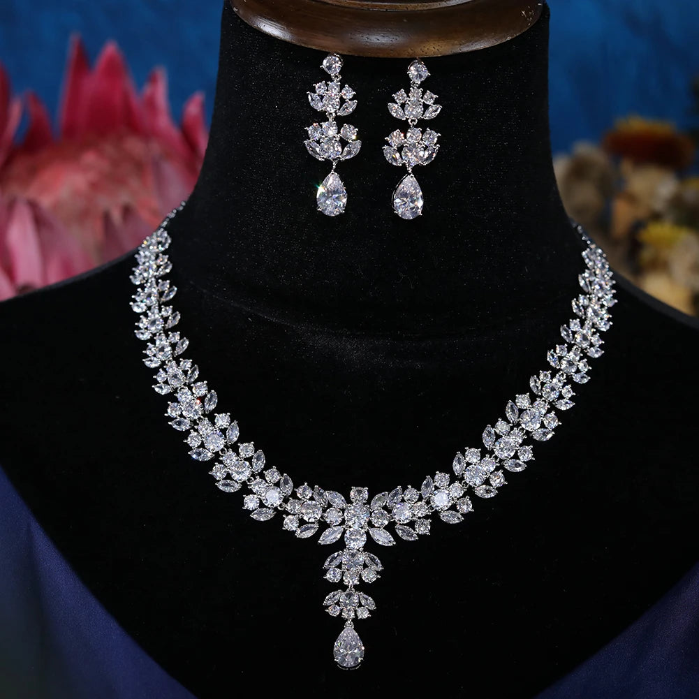 Elegant Bridal Jewelry Set - Sparkling Zircon Flower Necklace & Earrings for Weddings, Prom, Anniversary Gifts | Perfect for Brides, Bridesmaids, and Formal Occasions