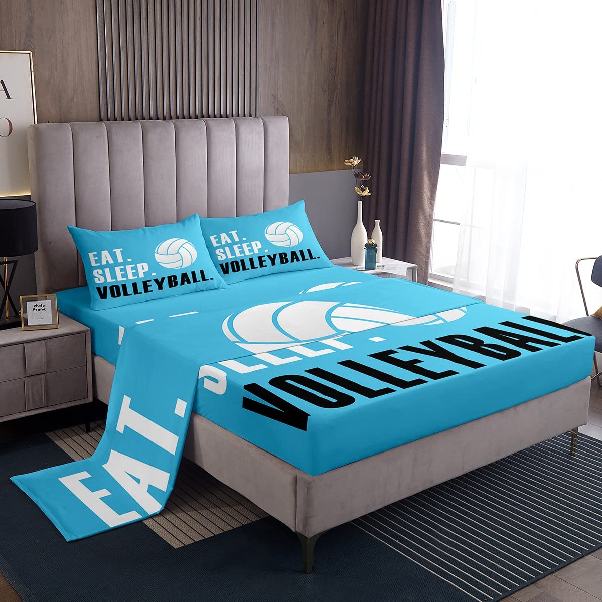 3D Volleyball Bedding Set - Full Size Sports Sheet Set with Deep Pocket Fitted Sheet (4Pcs) for Boys, Girls, Men & Women - Blue Volleyball Themed Room Decor - Perfect for Athletes, Fans & Game Room Styling
