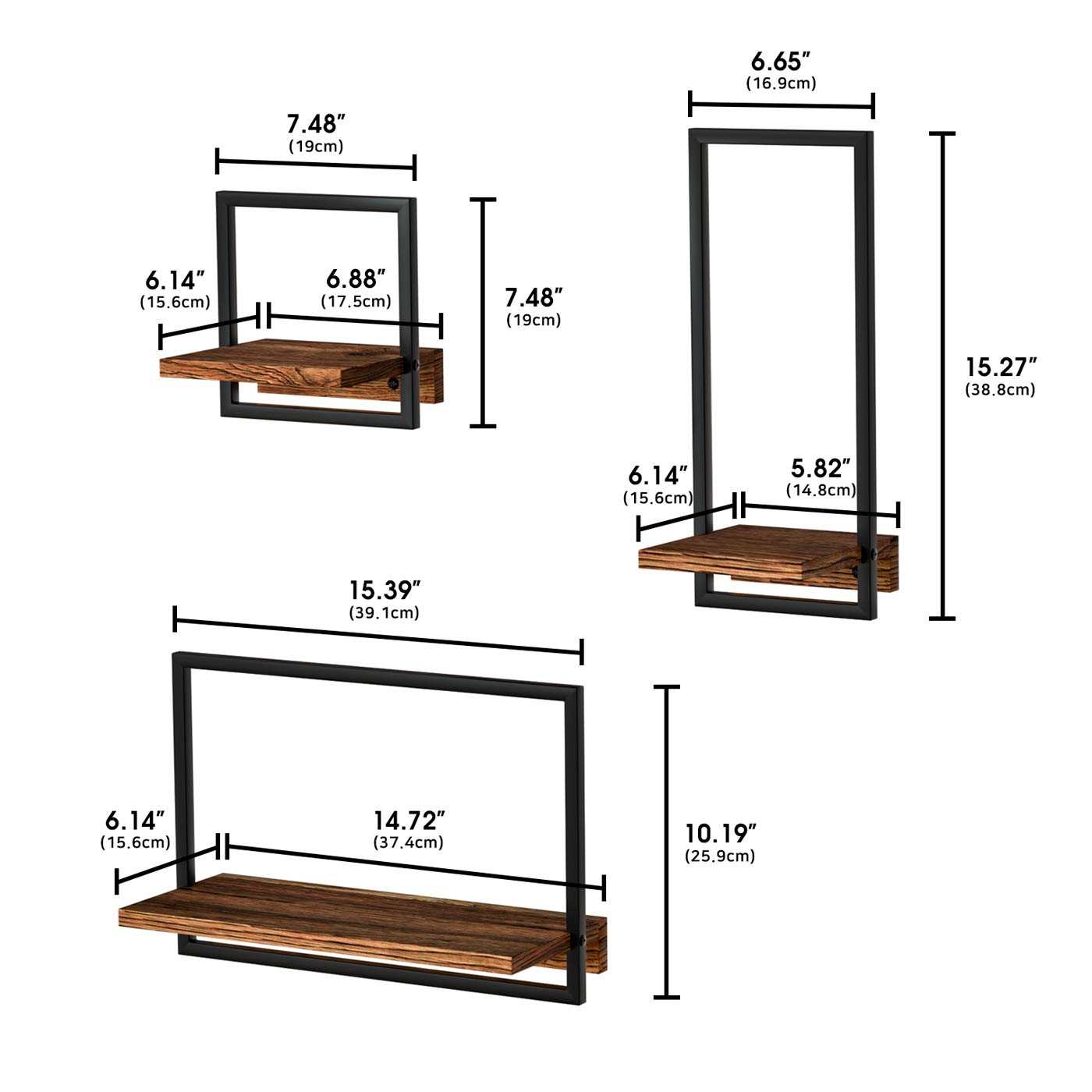 Rustic Wooden Floating Shelves with Metal Frame - Set of 3 Wall Mounted Display Shelves for Home Decor, Living Room, Bedroom, Office & Bathroom Organization - Perfect for Books, Plants, Photos and Decorative Items