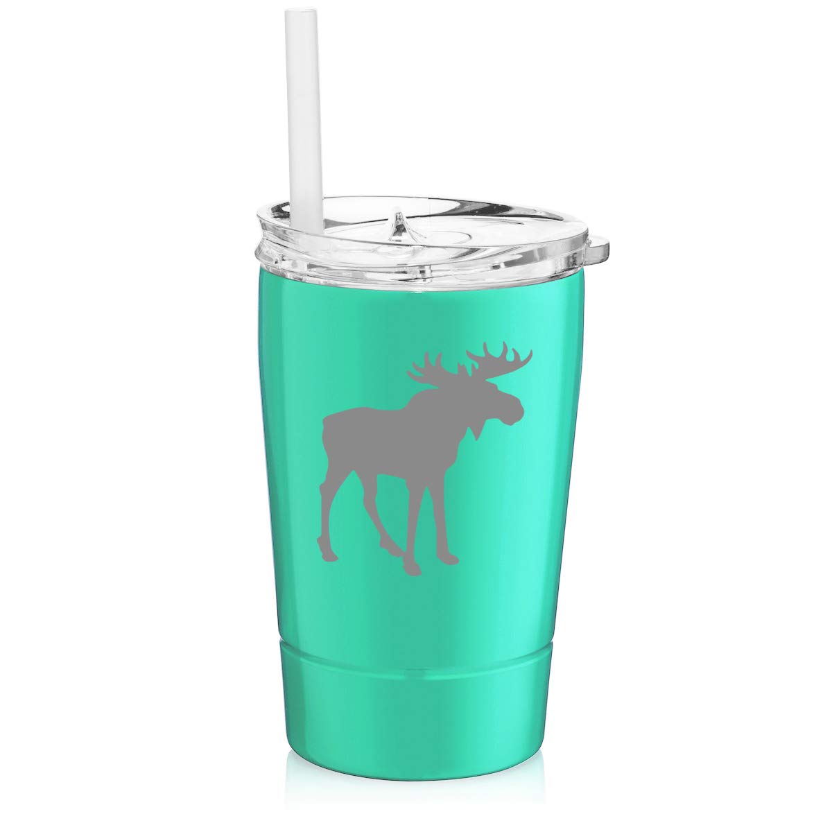 12 oz Stainless Steel Vacuum Insulated Tumbler with Straw - Double Wall Insulated Coffee Travel Mug for Hot & Cold Drinks - Moose Design (Light Blue) - Perfect for Camping, Office & Commuting